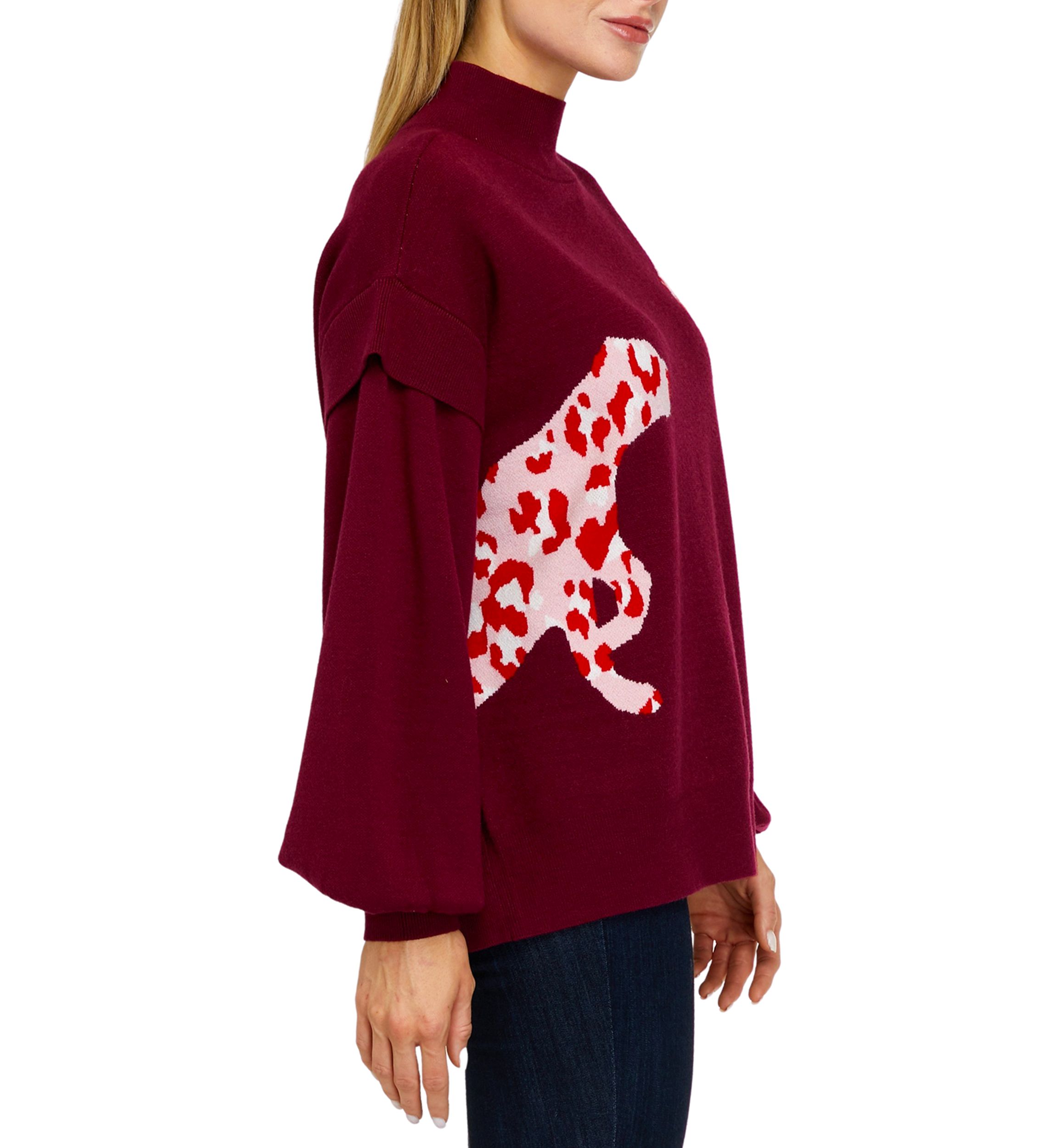 Womens Long Sleeve Mock Neck Jacquard Cat Sweater