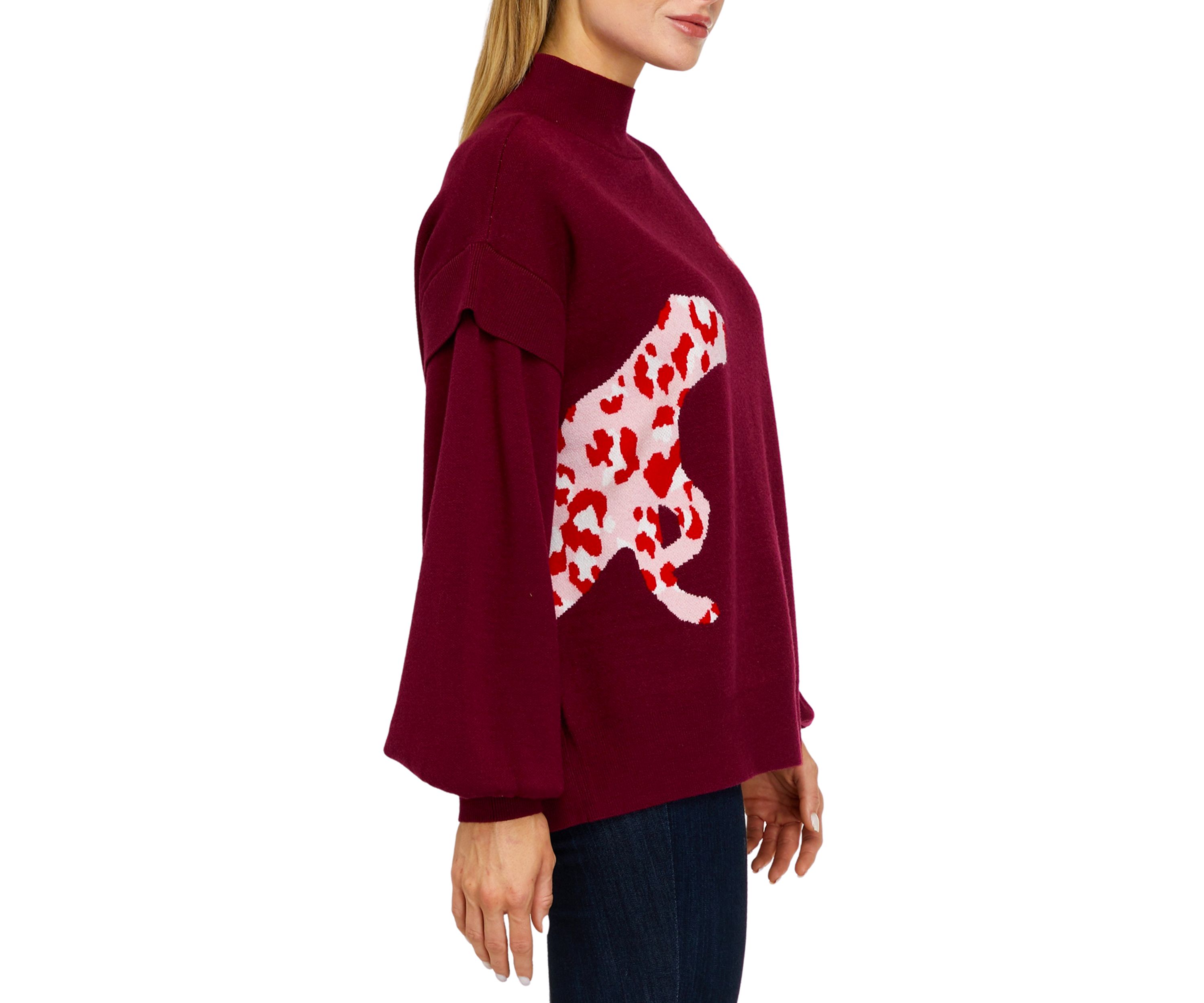 Womens Long Sleeve Mock Neck Jacquard Cat Sweater