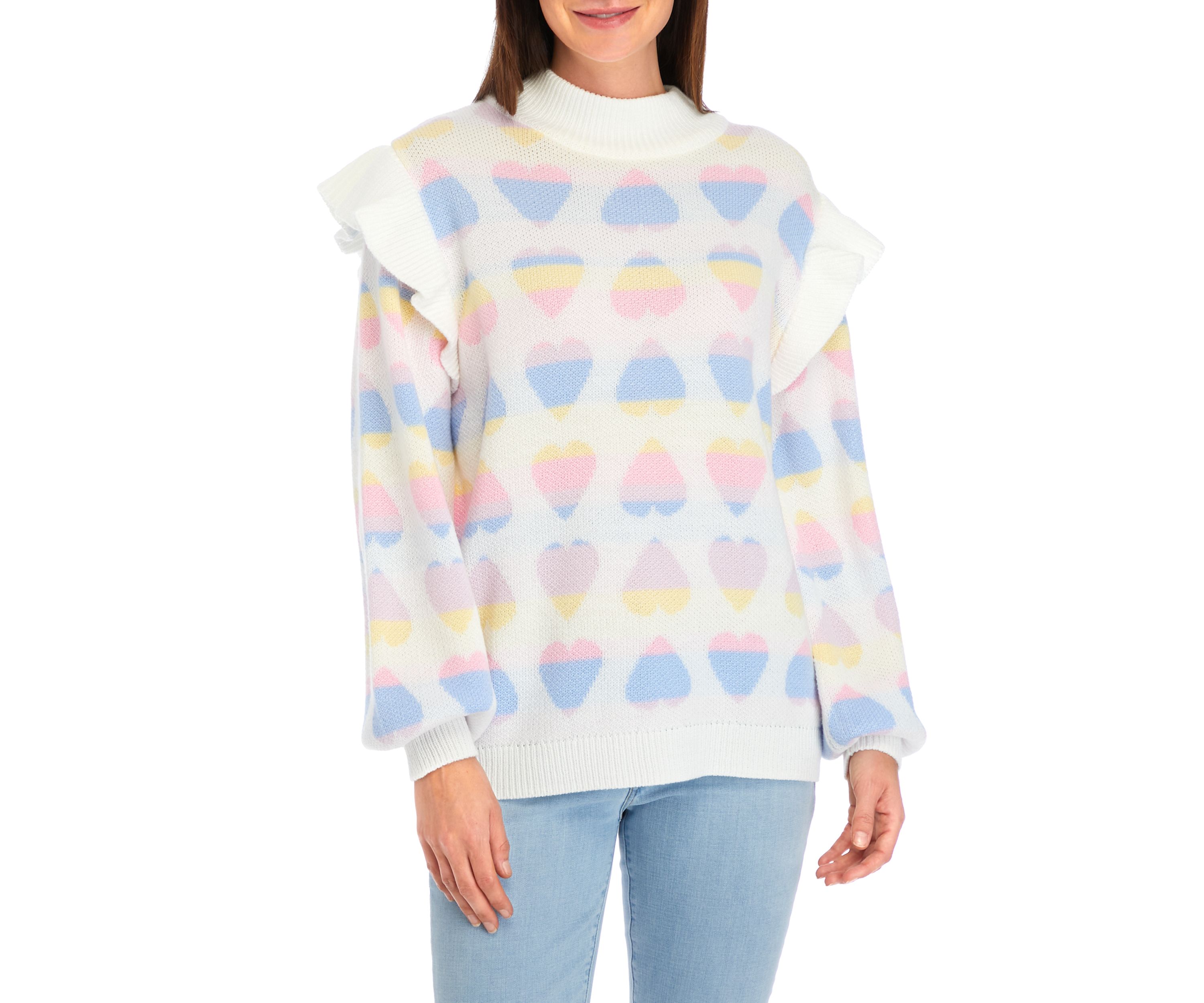 Womens Long Sleeve Ruffle Jacquard Sweater