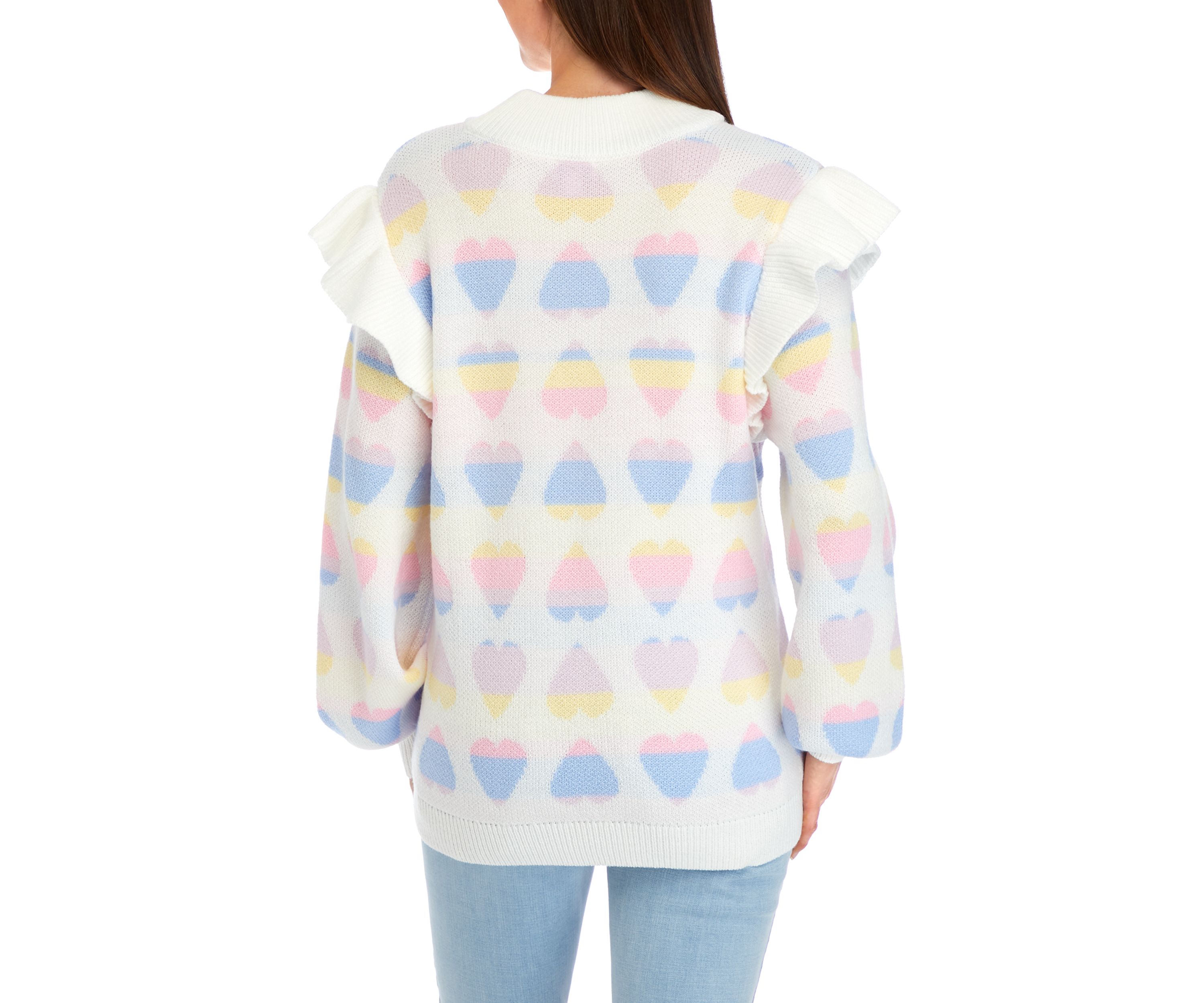 Womens Long Sleeve Ruffle Jacquard Sweater