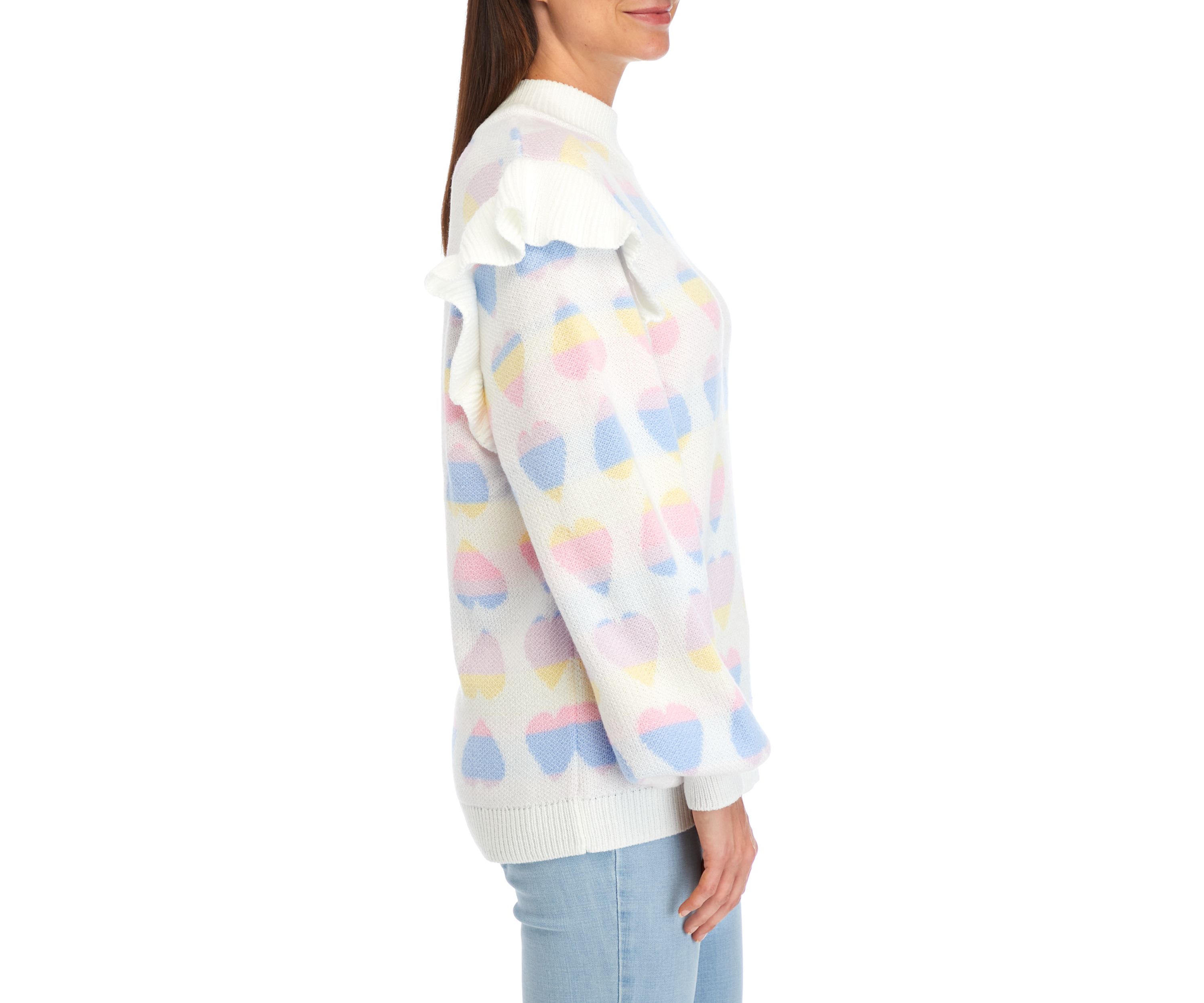Womens Long Sleeve Ruffle Jacquard Sweater