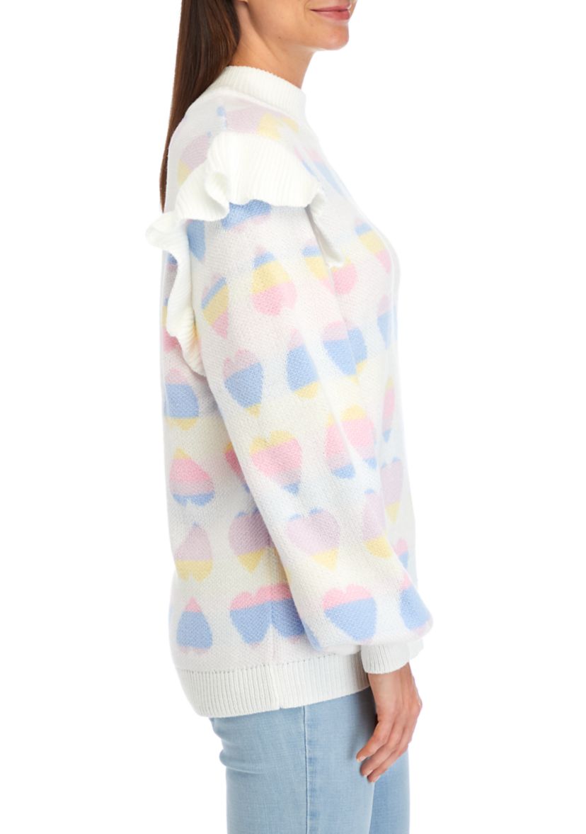 Womens Long Sleeve Ruffle Jacquard Sweater