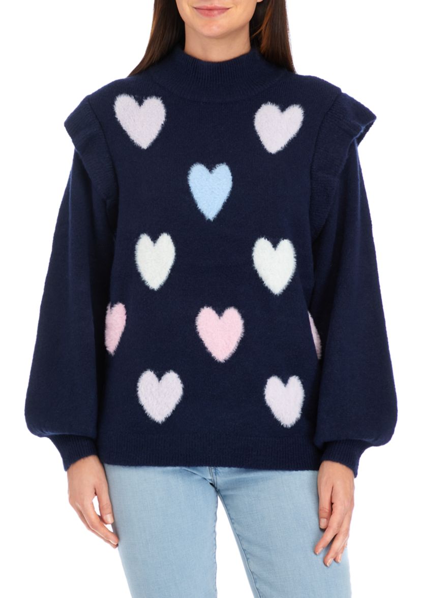 Womens Long Ruffle Sleeve Fuzzy Hearts Sweater