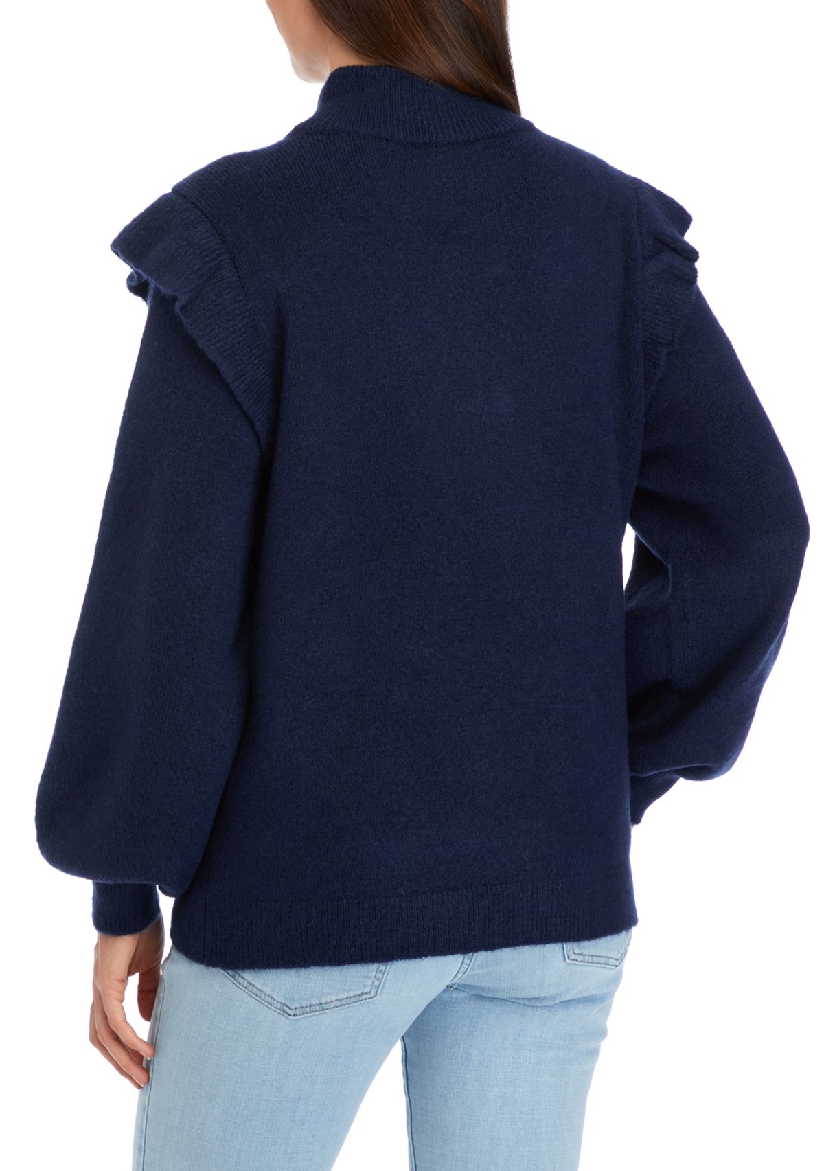 Womens Long Ruffle Sleeve Fuzzy Hearts Sweater