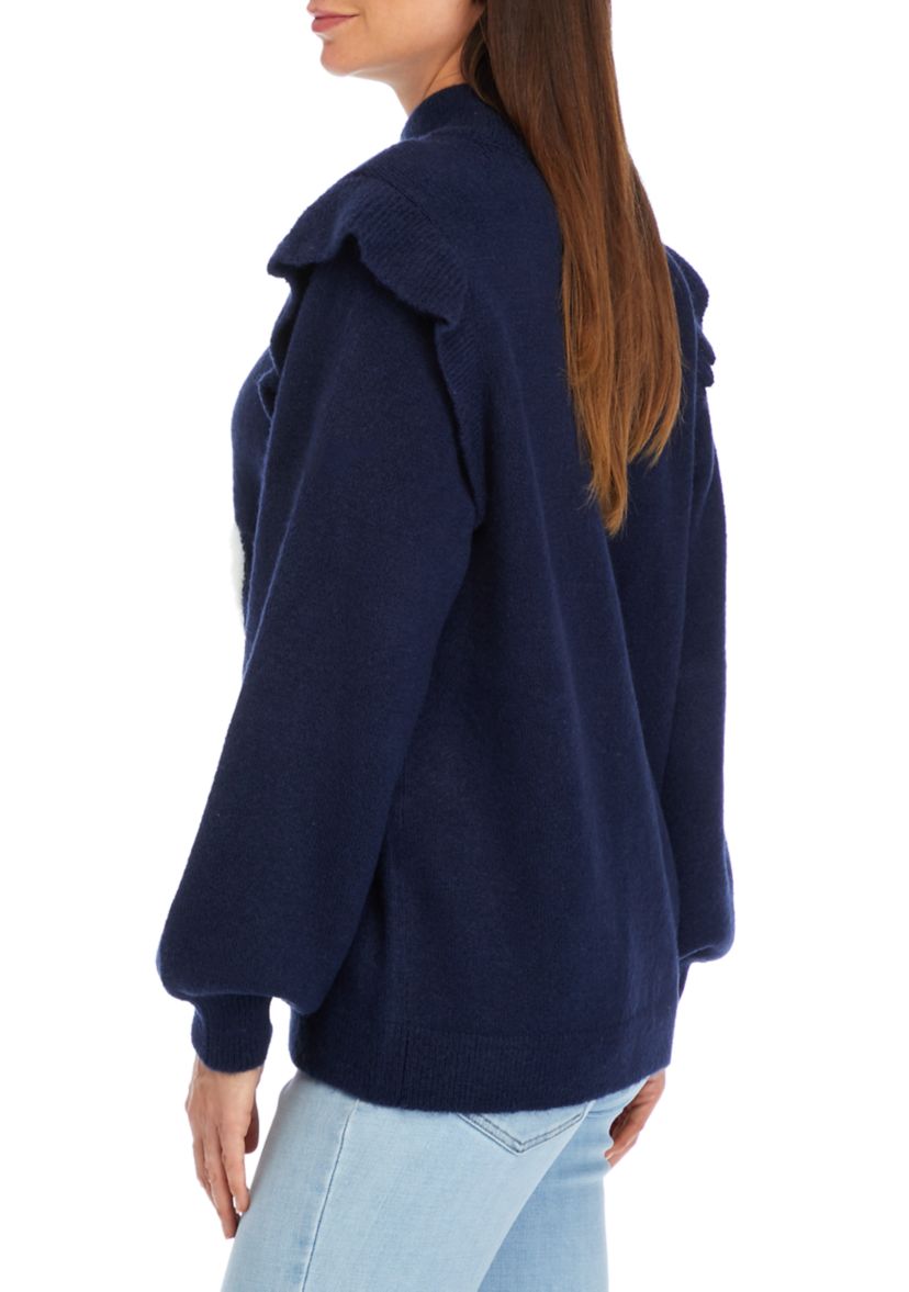 Womens Long Ruffle Sleeve Fuzzy Hearts Sweater