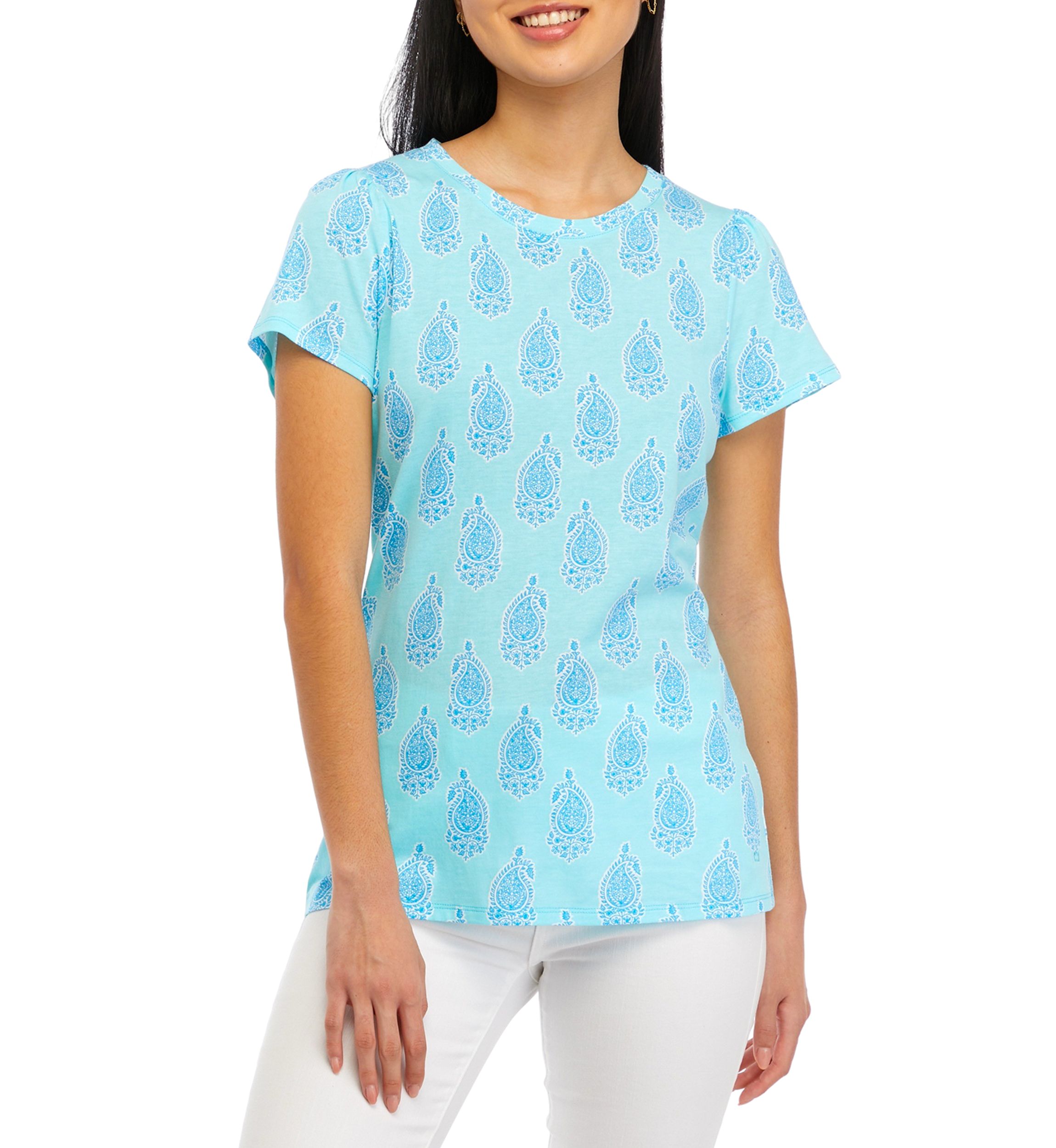 Womens Gathered Shoulder Printed Top
