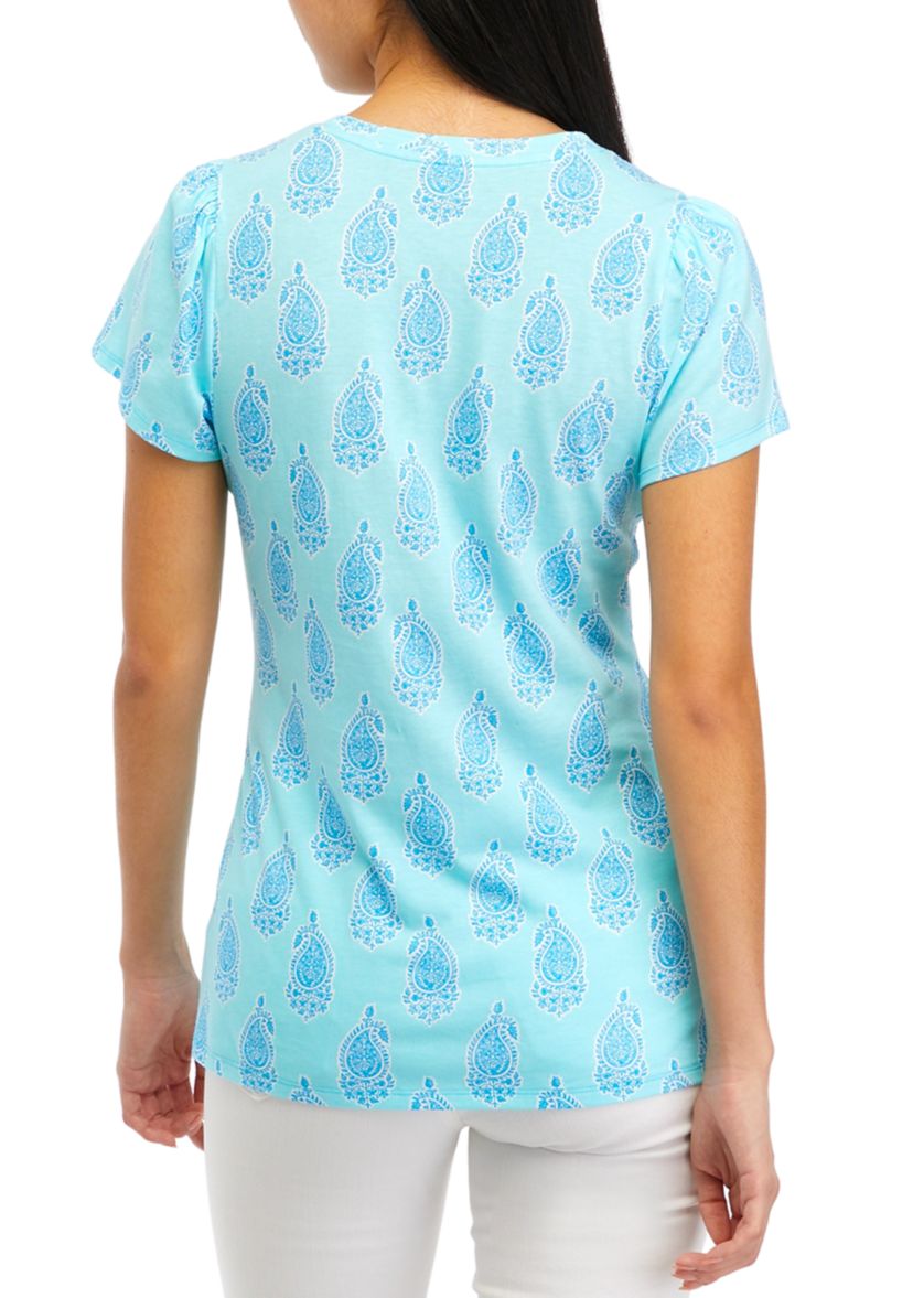 Womens Gathered Shoulder Printed Top