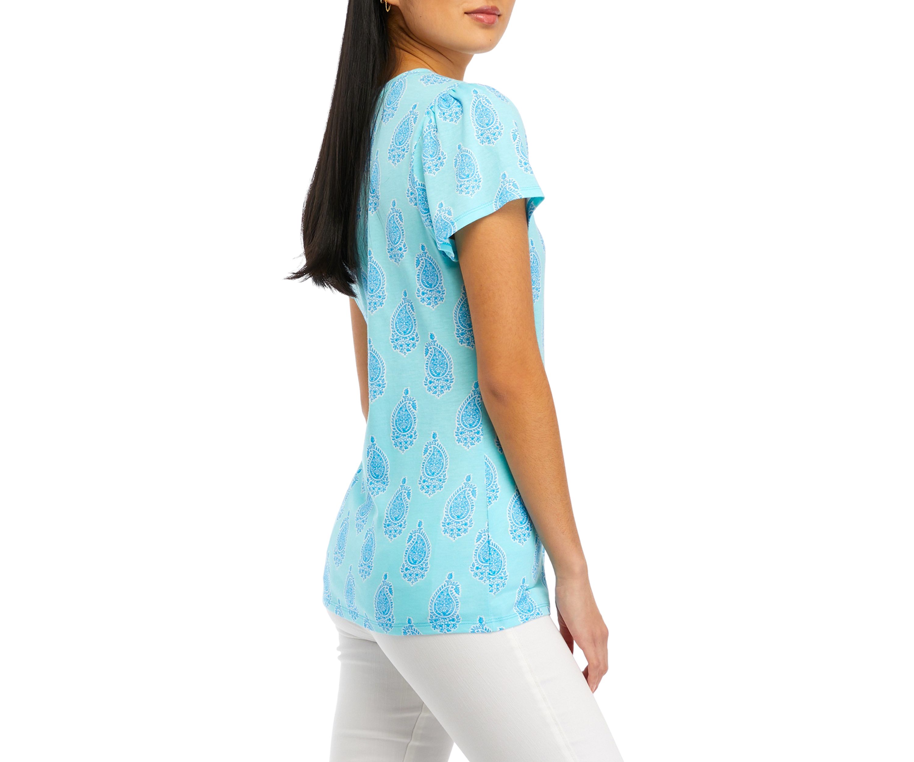 Womens Gathered Shoulder Printed Top
