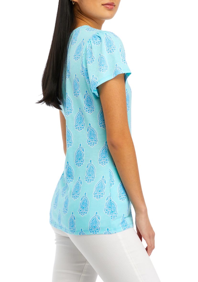 Womens Gathered Shoulder Printed Top