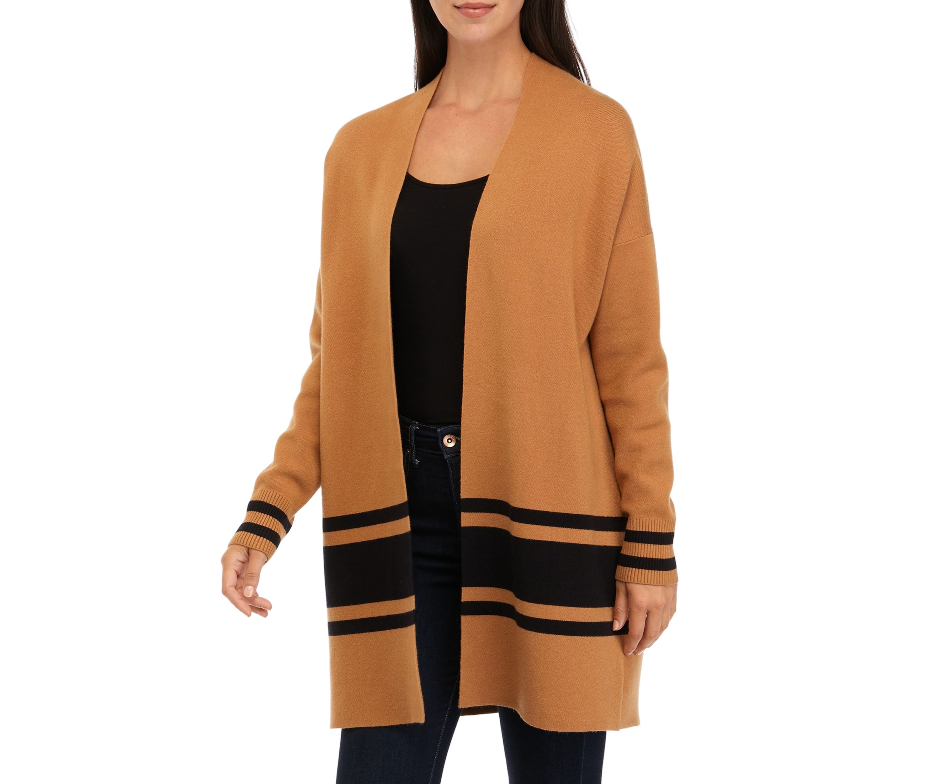 Womens Open Front Color Block Cardigan 