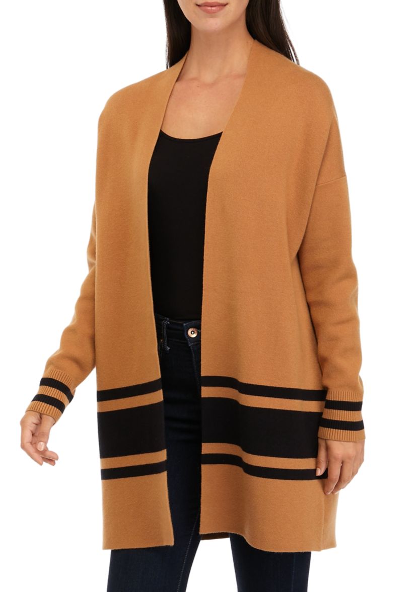 Womens Open Front Color Block Cardigan 
