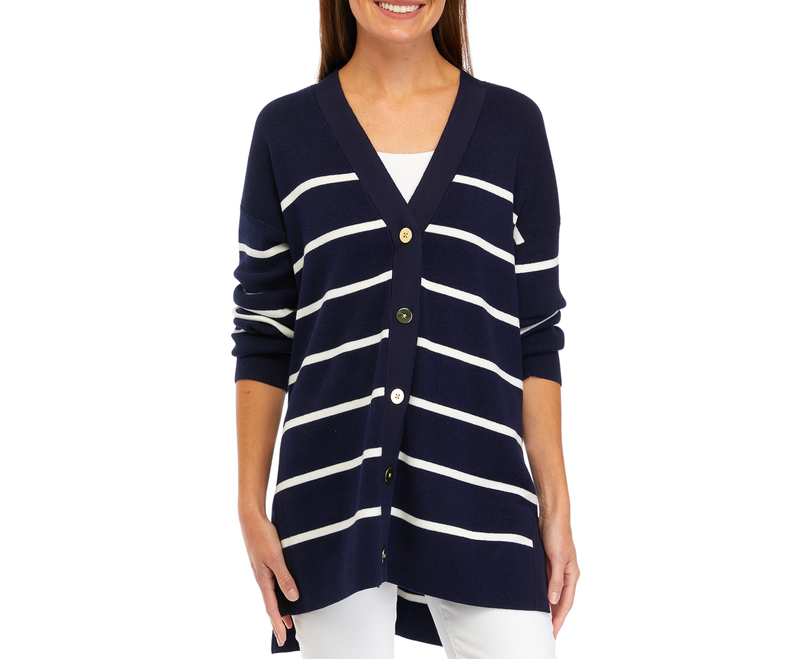 Womens Long Sleeve Button Front Yarn Dyed Cardigan