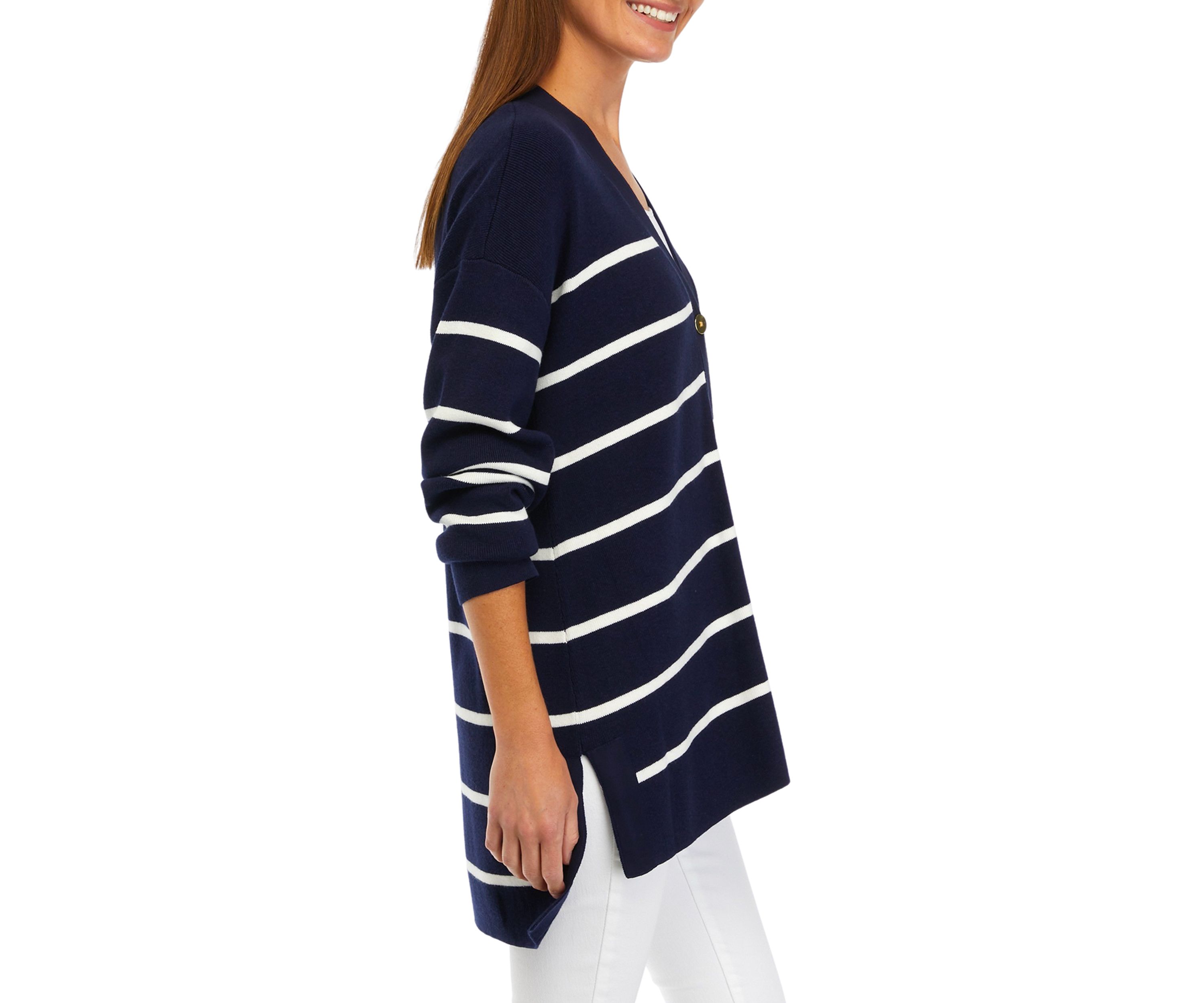 Womens Long Sleeve Button Front Yarn Dyed Cardigan