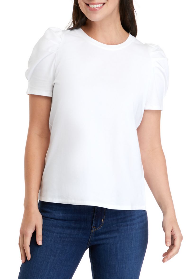 Womens Short Puff Sleeve Pleated Top