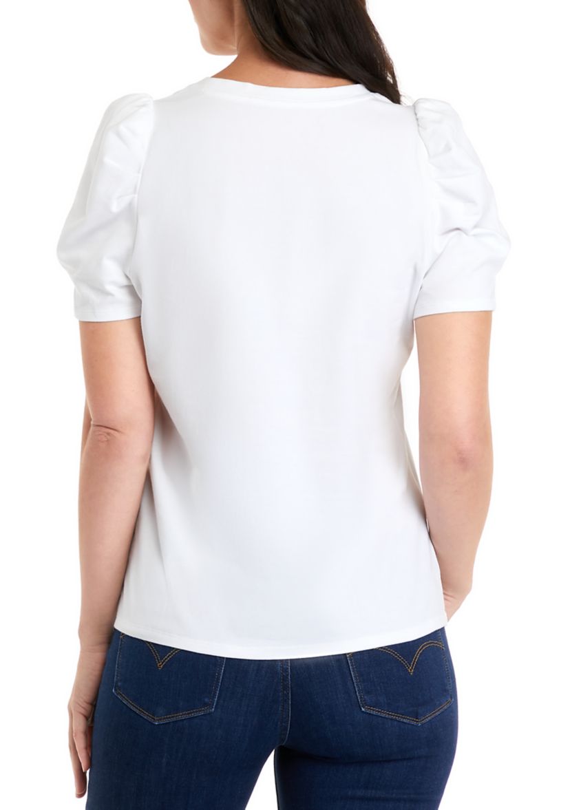 Womens Short Puff Sleeve Pleated Top