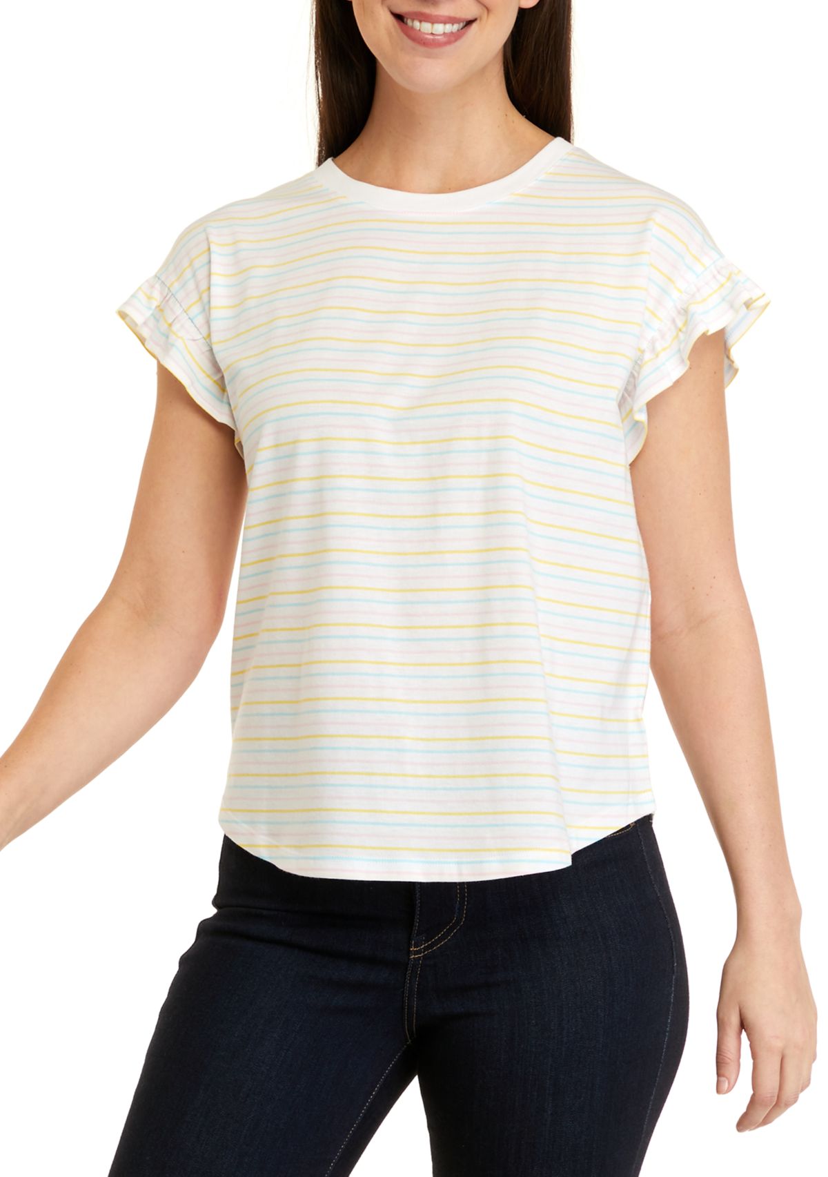 Womens Short Ruffle Sleeve Yarn Dyed T-Shirt