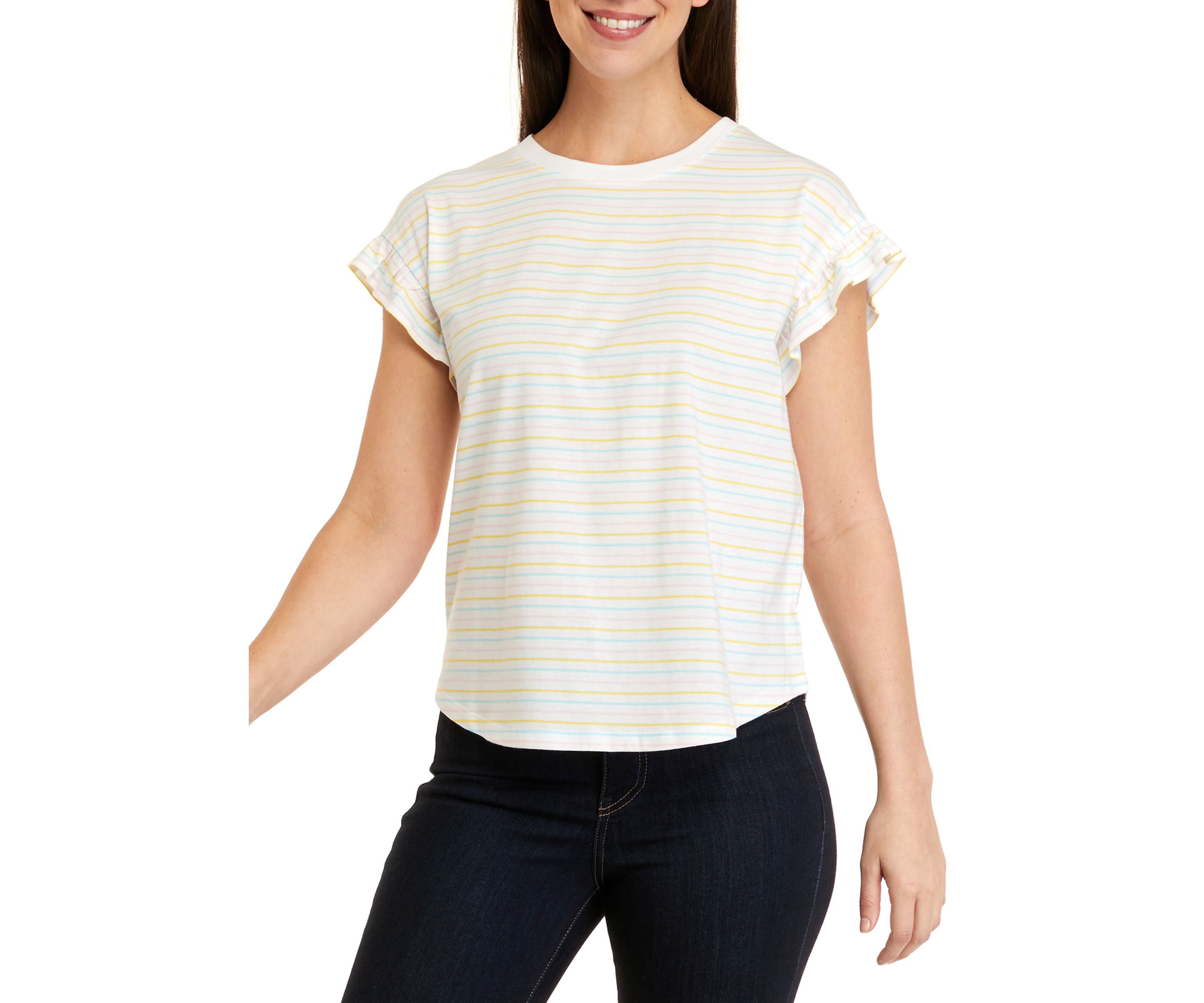 Womens Short Ruffle Sleeve Yarn Dyed T-Shirt