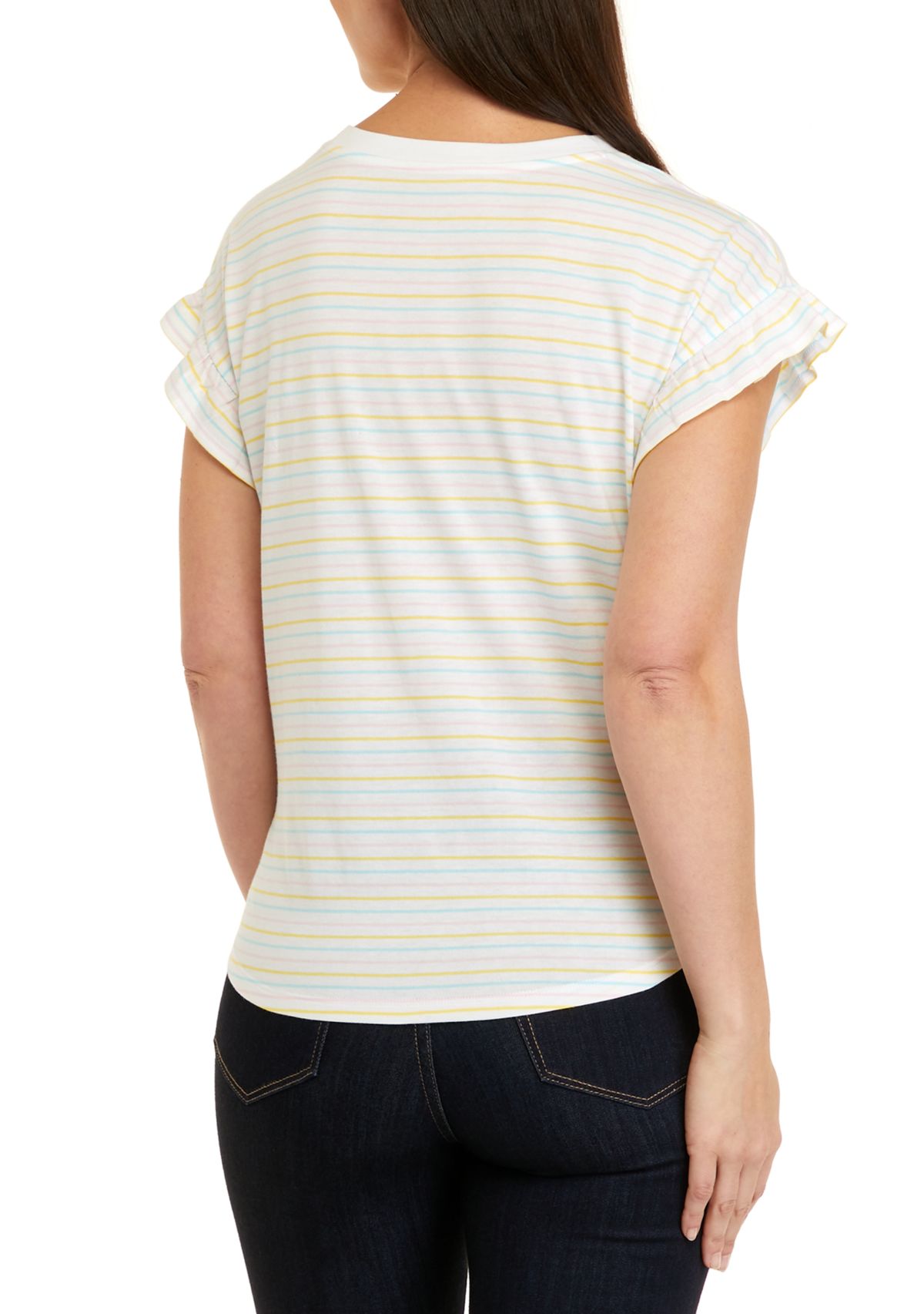 Womens Short Ruffle Sleeve Yarn Dyed T-Shirt