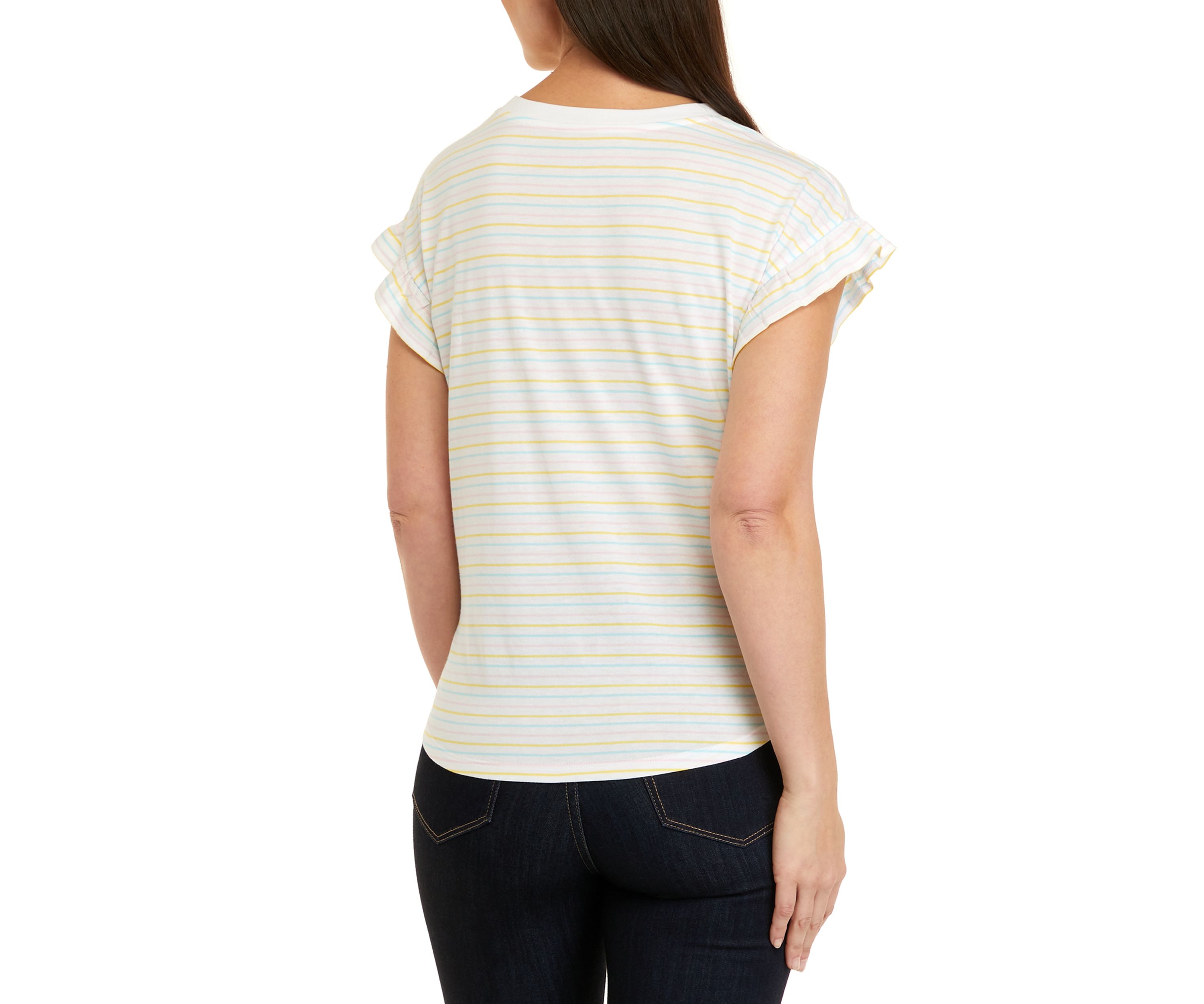 Womens Short Ruffle Sleeve Yarn Dyed T-Shirt