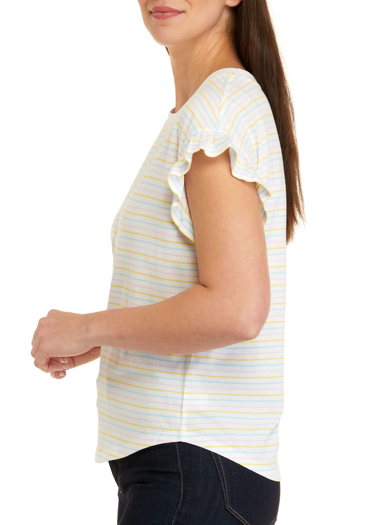 Womens Short Ruffle Sleeve Yarn Dyed T-Shirt