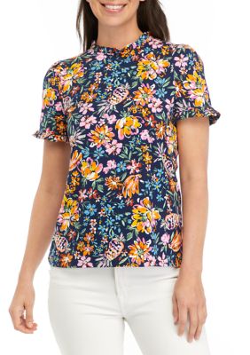 Crown & Ivy Women's Printed Ruffle Neck Top