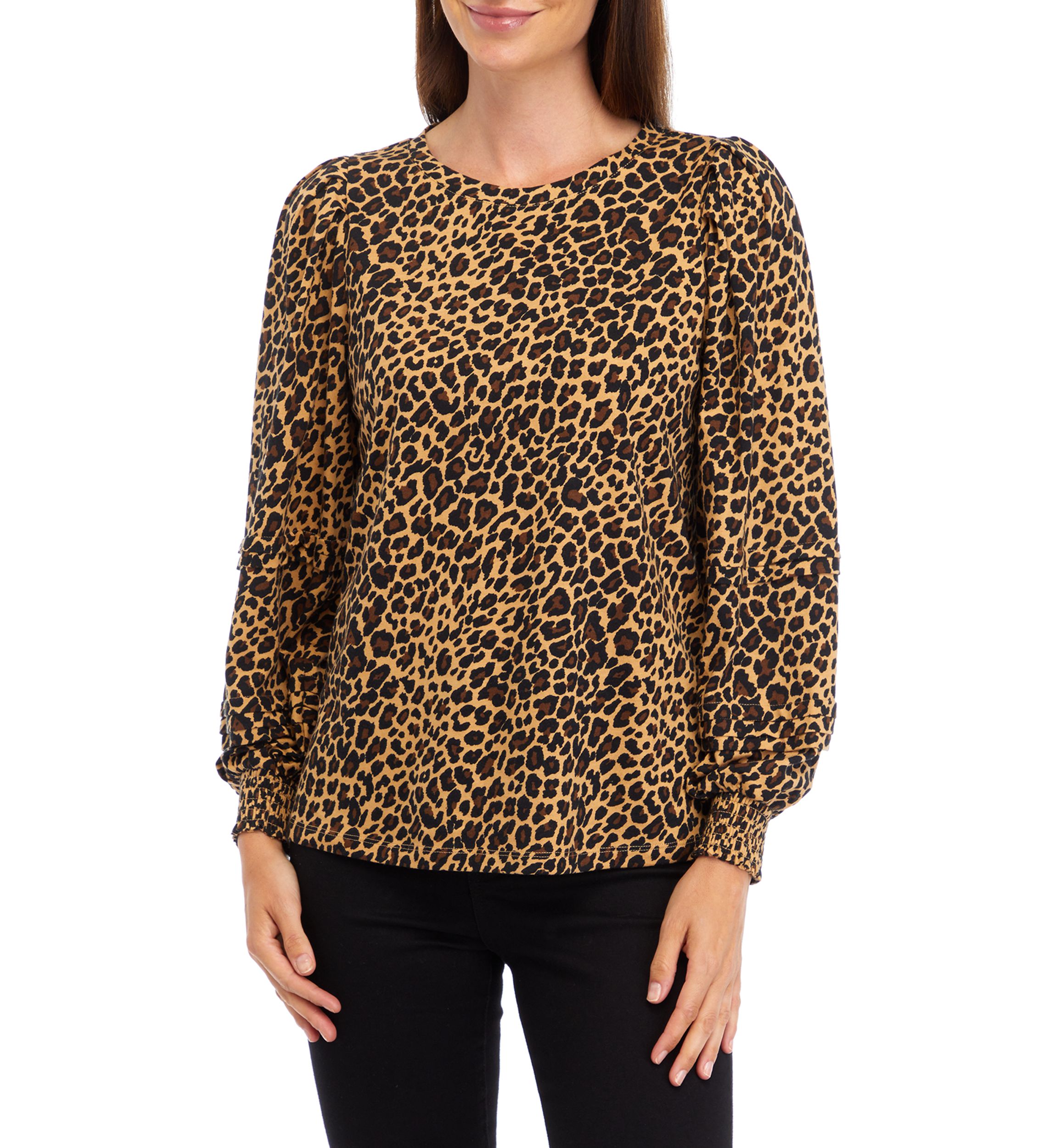 Womens Long Sleeve Pintuck Printed Blouse