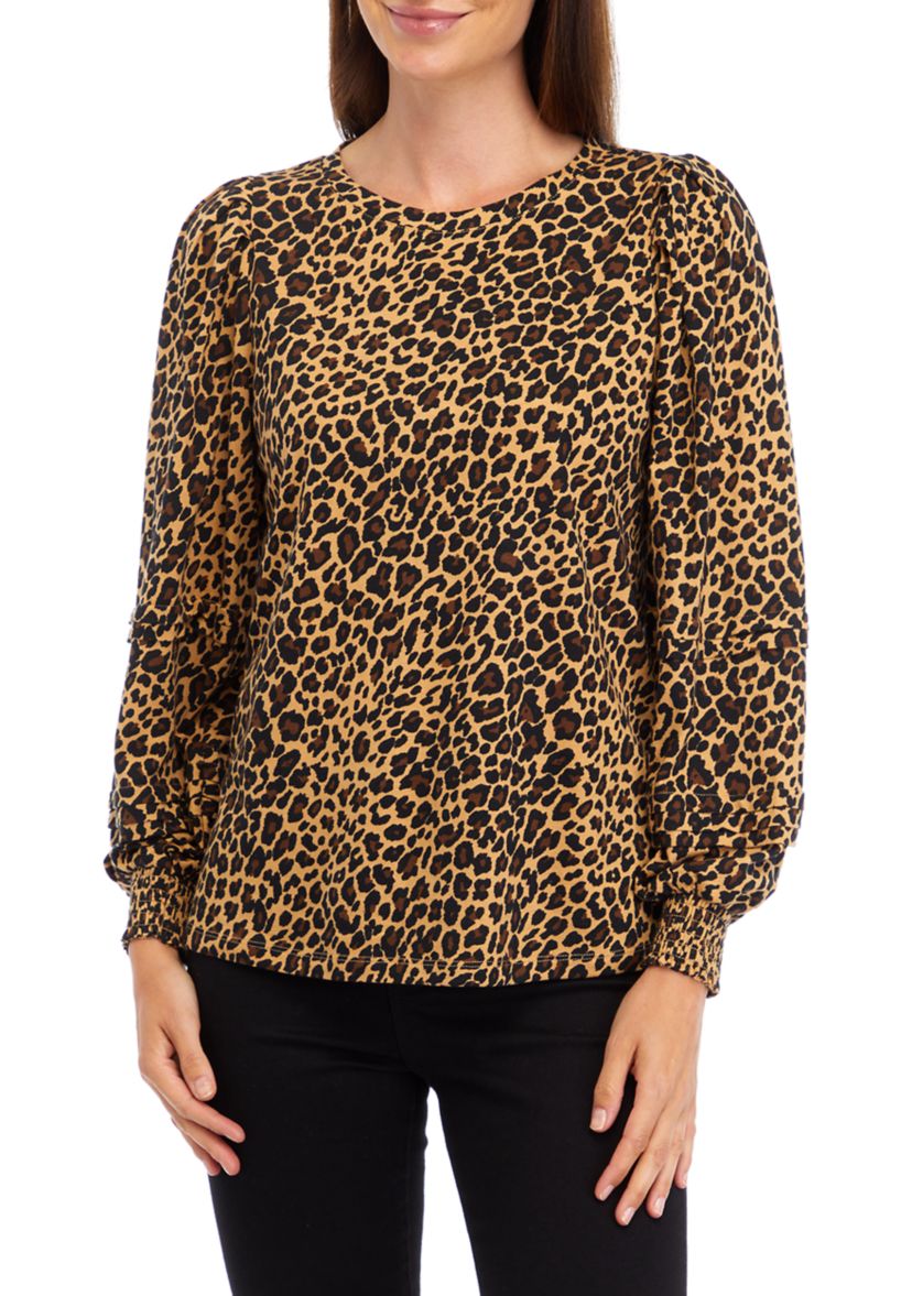 Womens Long Sleeve Pintuck Printed Blouse