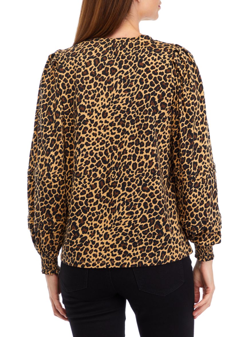 Womens Long Sleeve Pintuck Printed Blouse