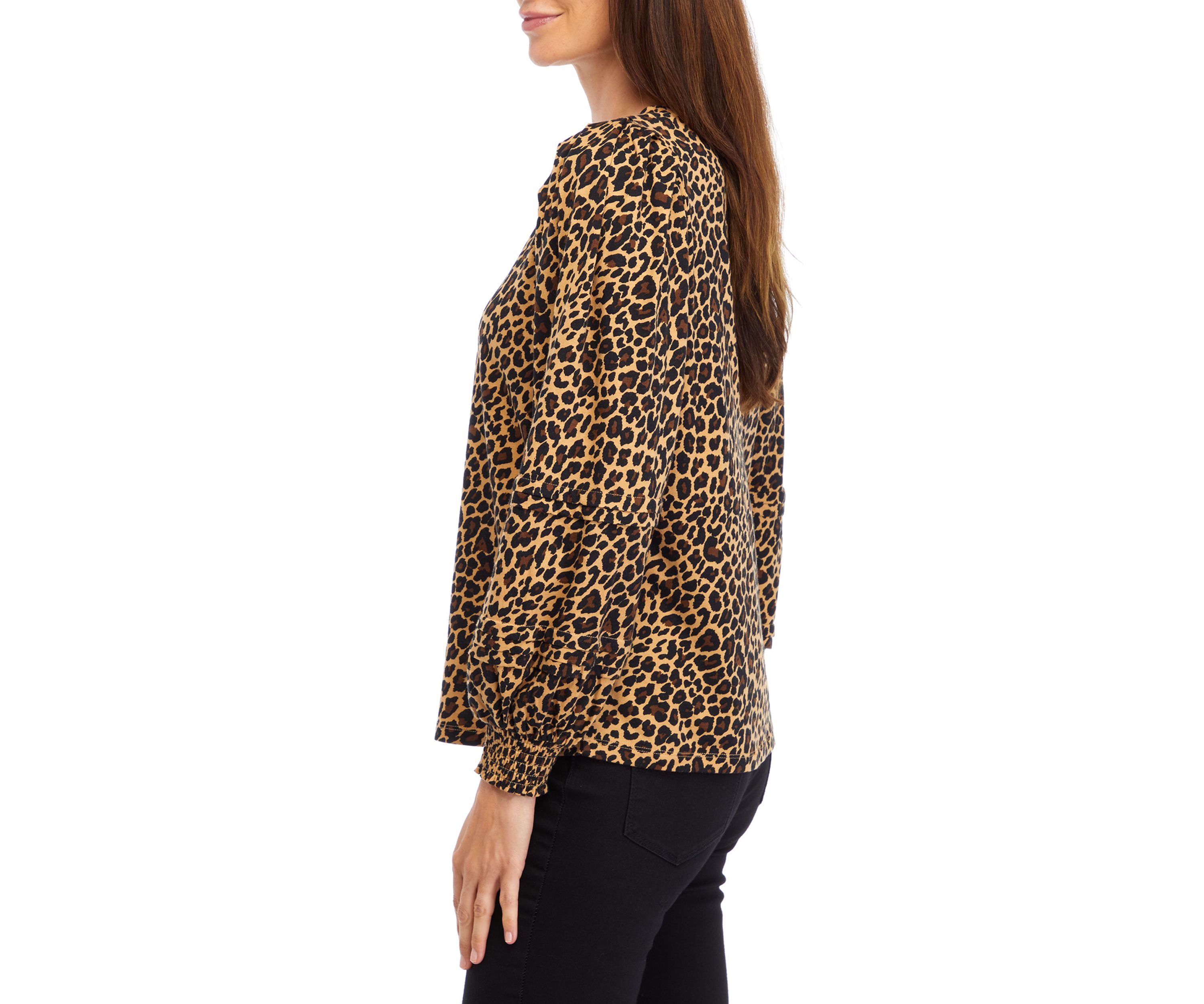 Womens Long Sleeve Pintuck Printed Blouse
