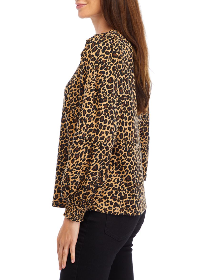 Womens Long Sleeve Pintuck Printed Blouse