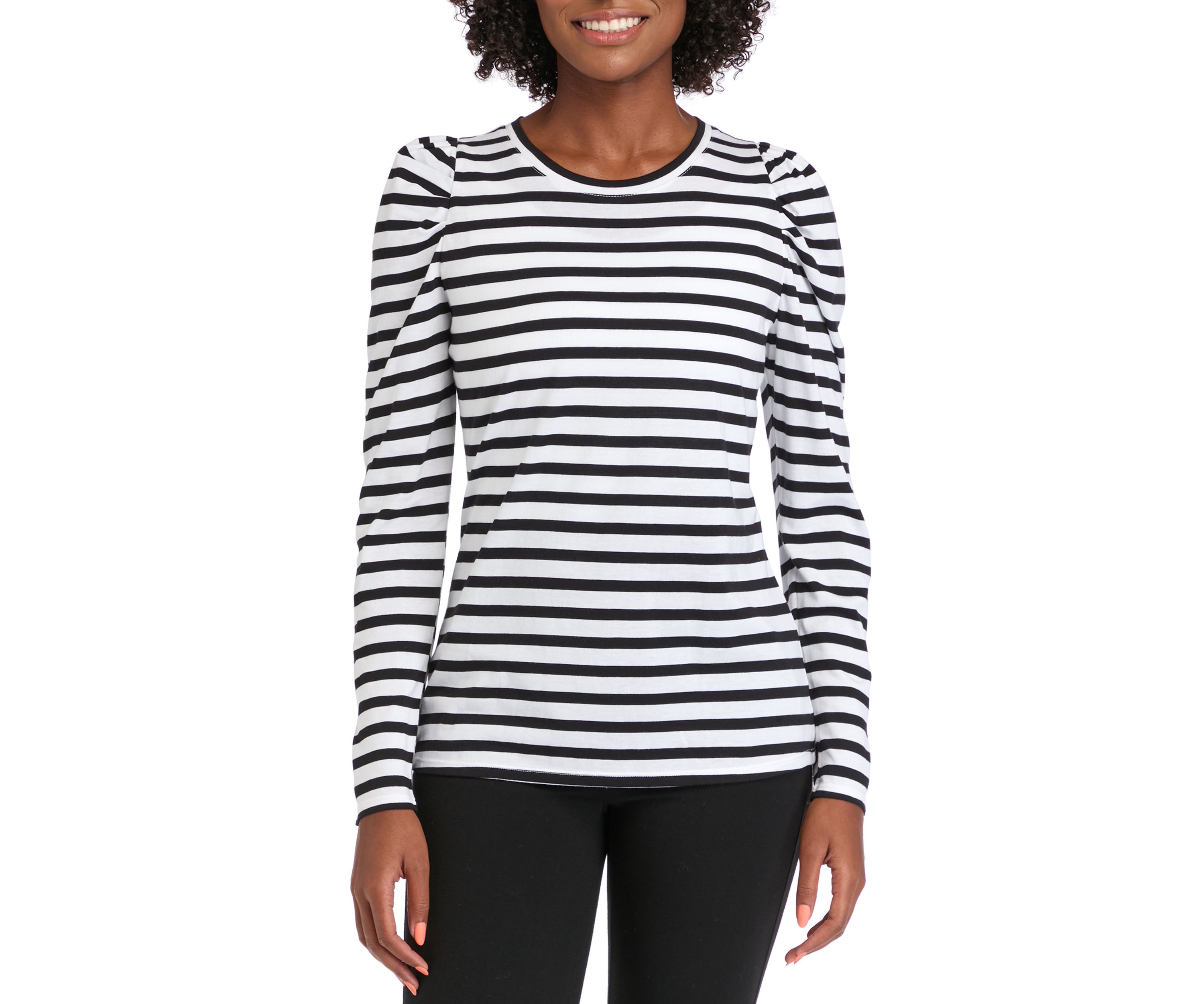 Womens Long Sleeve Pleated Shoulder Striped T-Shirt 