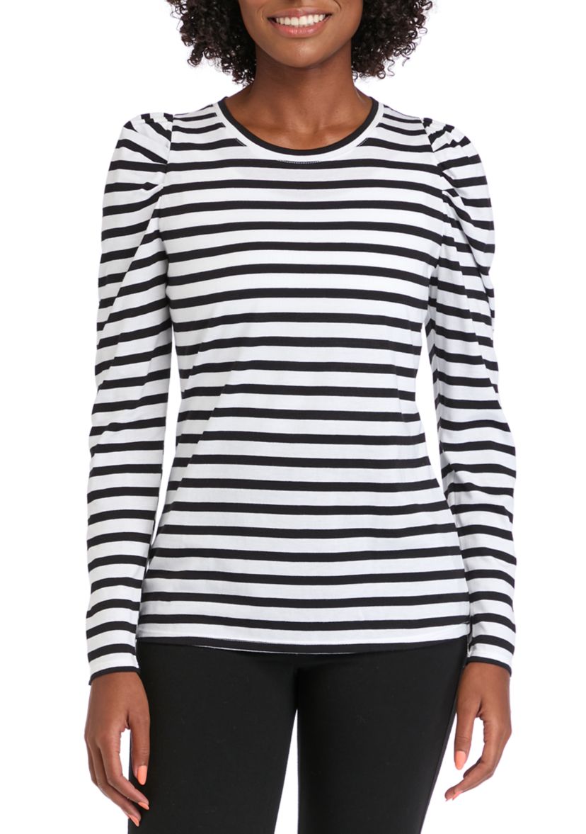 Womens Long Sleeve Pleated Shoulder Striped T-Shirt 