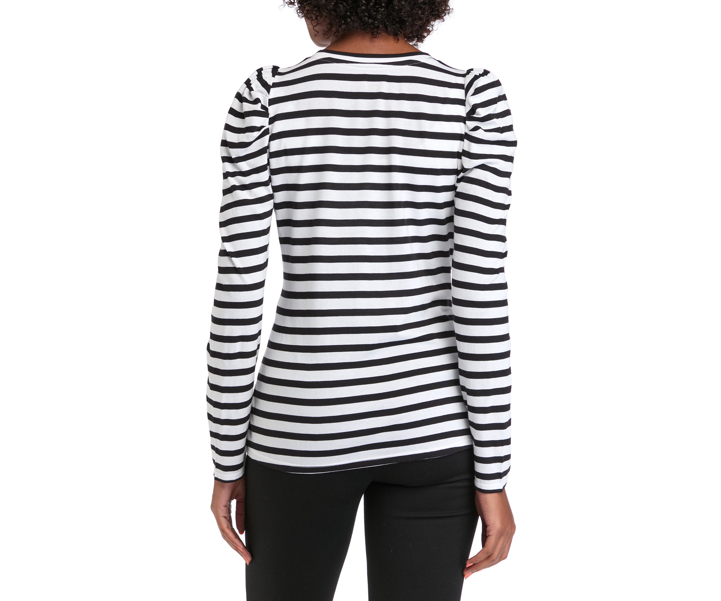 Womens Long Sleeve Pleated Shoulder Striped T-Shirt 