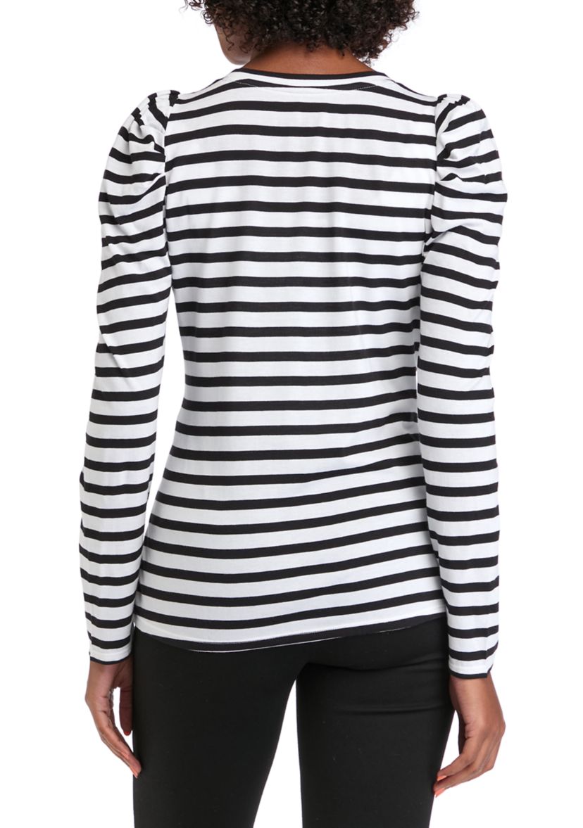 Womens Long Sleeve Pleated Shoulder Striped T-Shirt 
