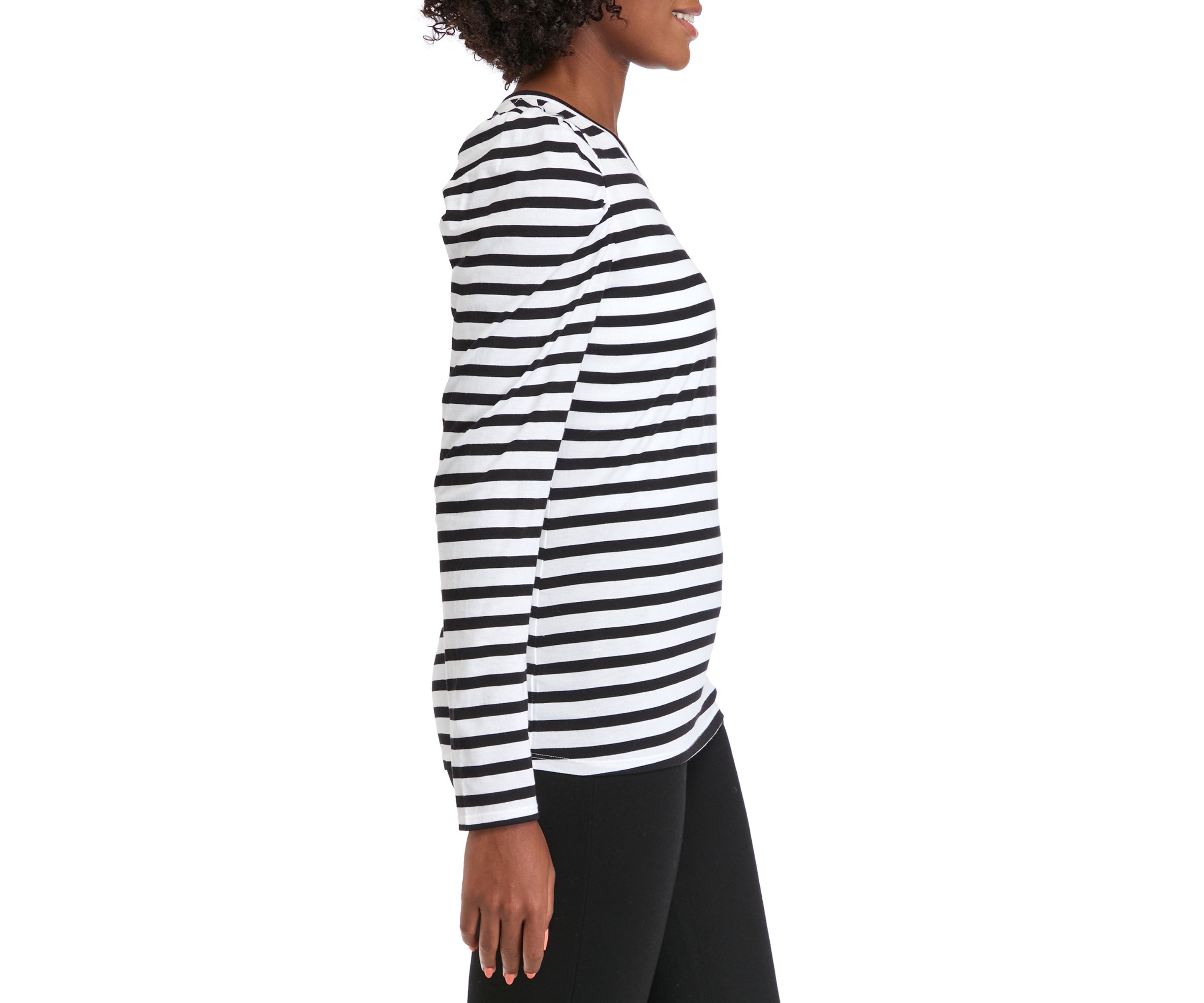 Womens Long Sleeve Pleated Shoulder Striped T-Shirt 