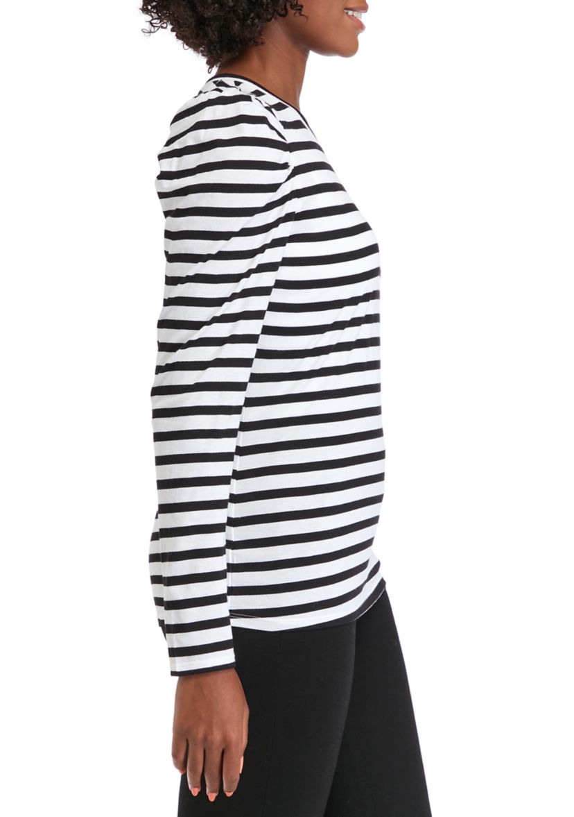 Womens Long Sleeve Pleated Shoulder Striped T-Shirt 
