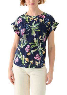 Crown & Ivy Women's Printed Ruffle Top, Navy Blue, XXL
