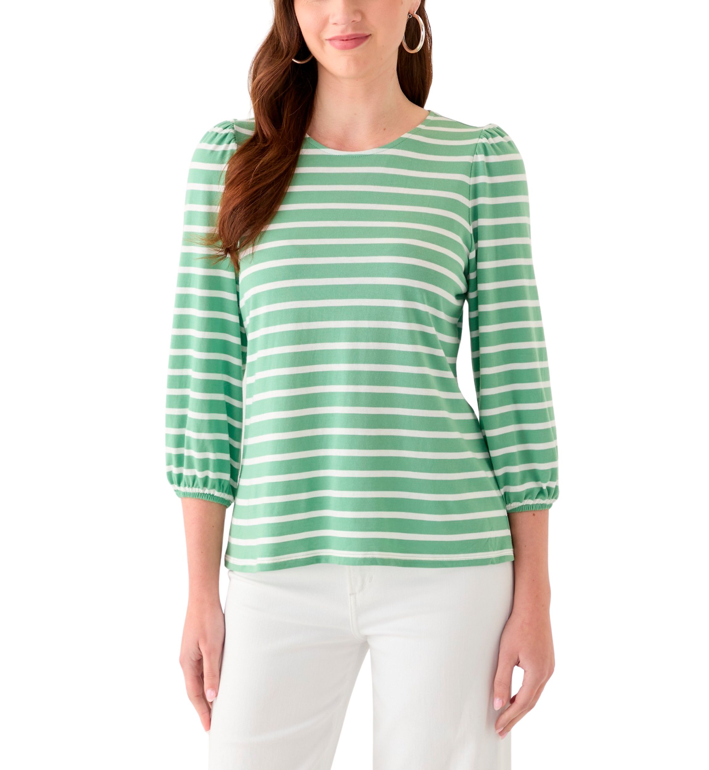 Womens 3/4 Puff Sleeve Yarn Dyed Top