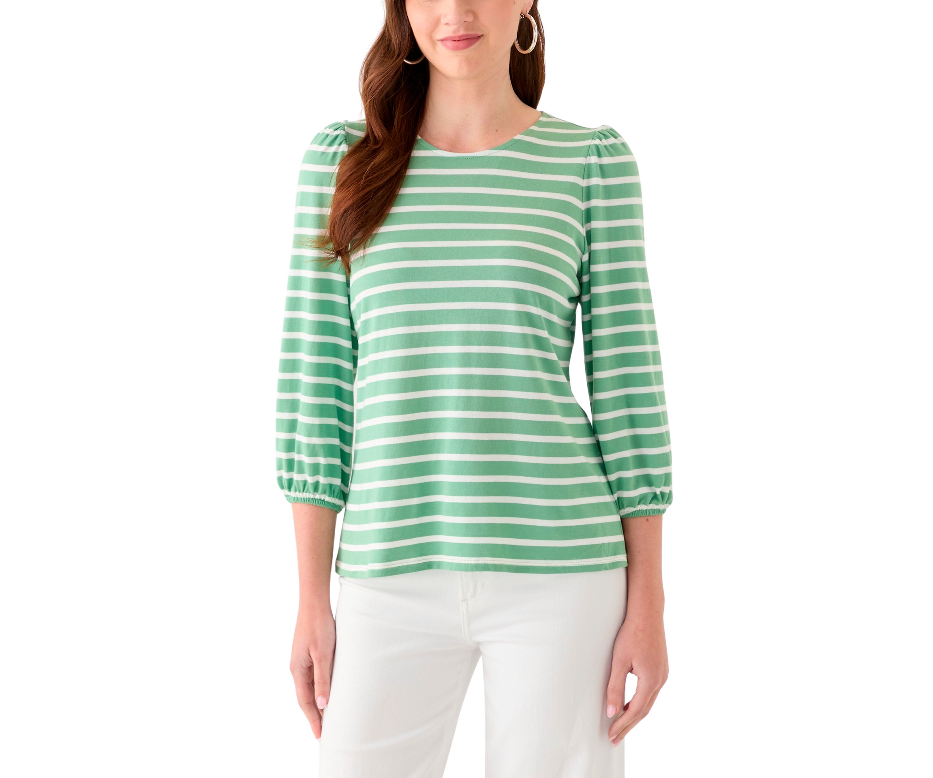 Womens 3/4 Puff Sleeve Yarn Dyed Top