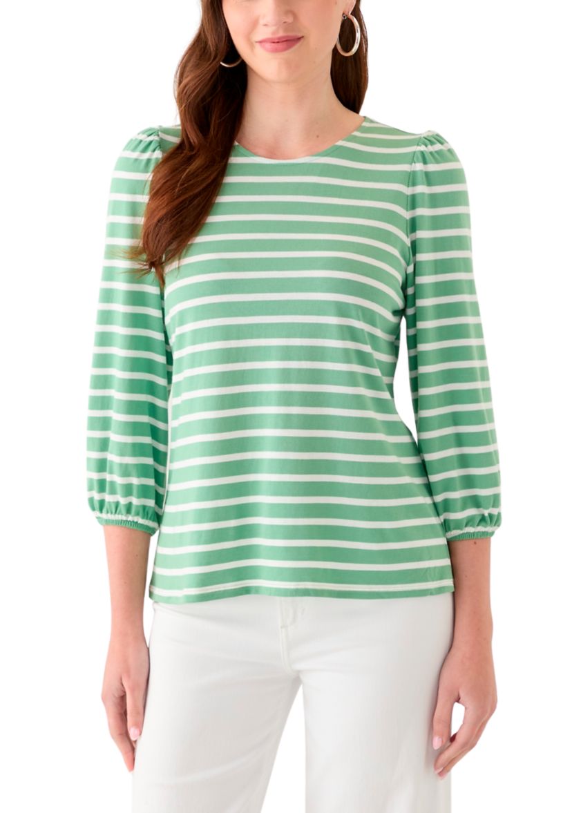 Womens 3/4 Puff Sleeve Yarn Dyed Top