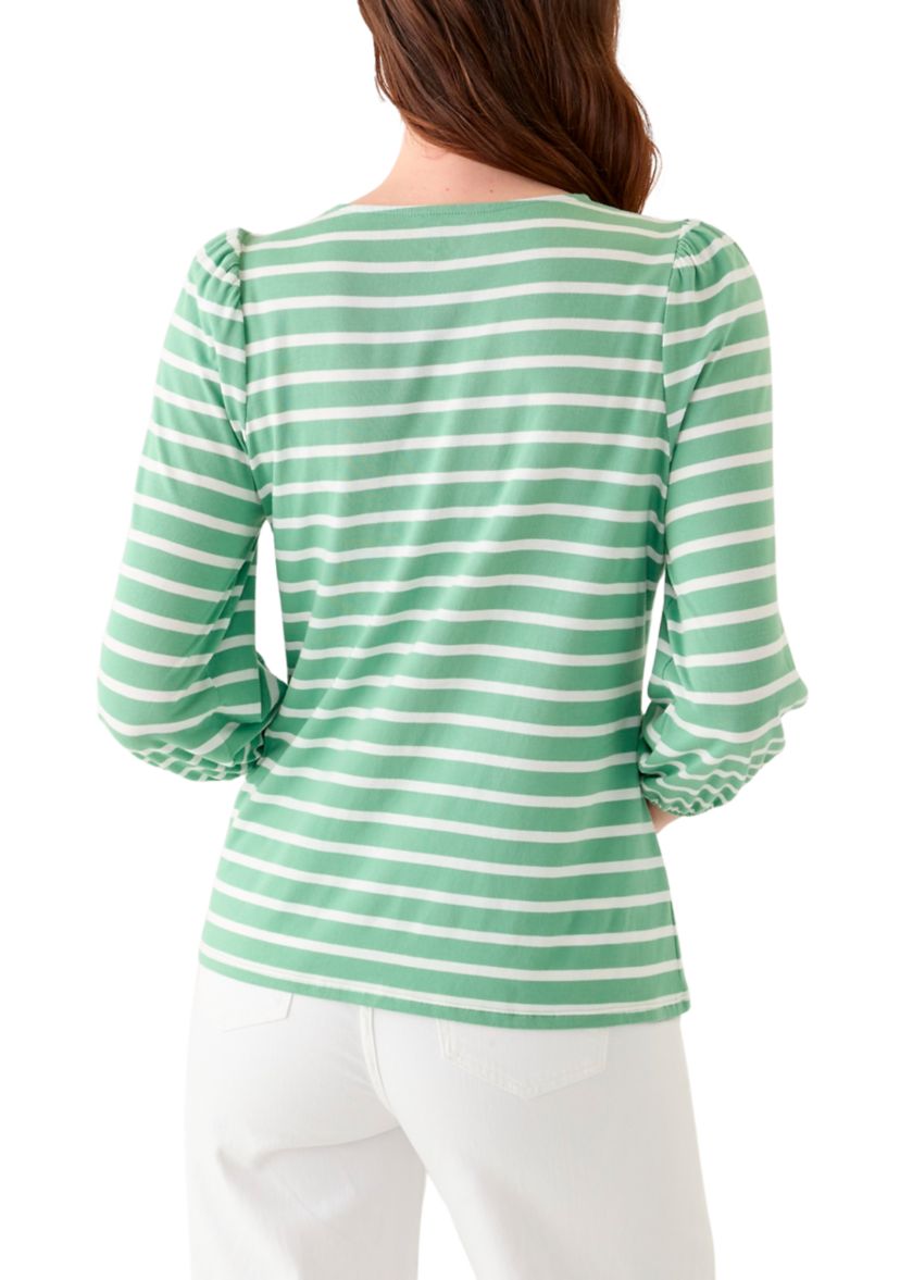 Womens 3/4 Puff Sleeve Yarn Dyed Top