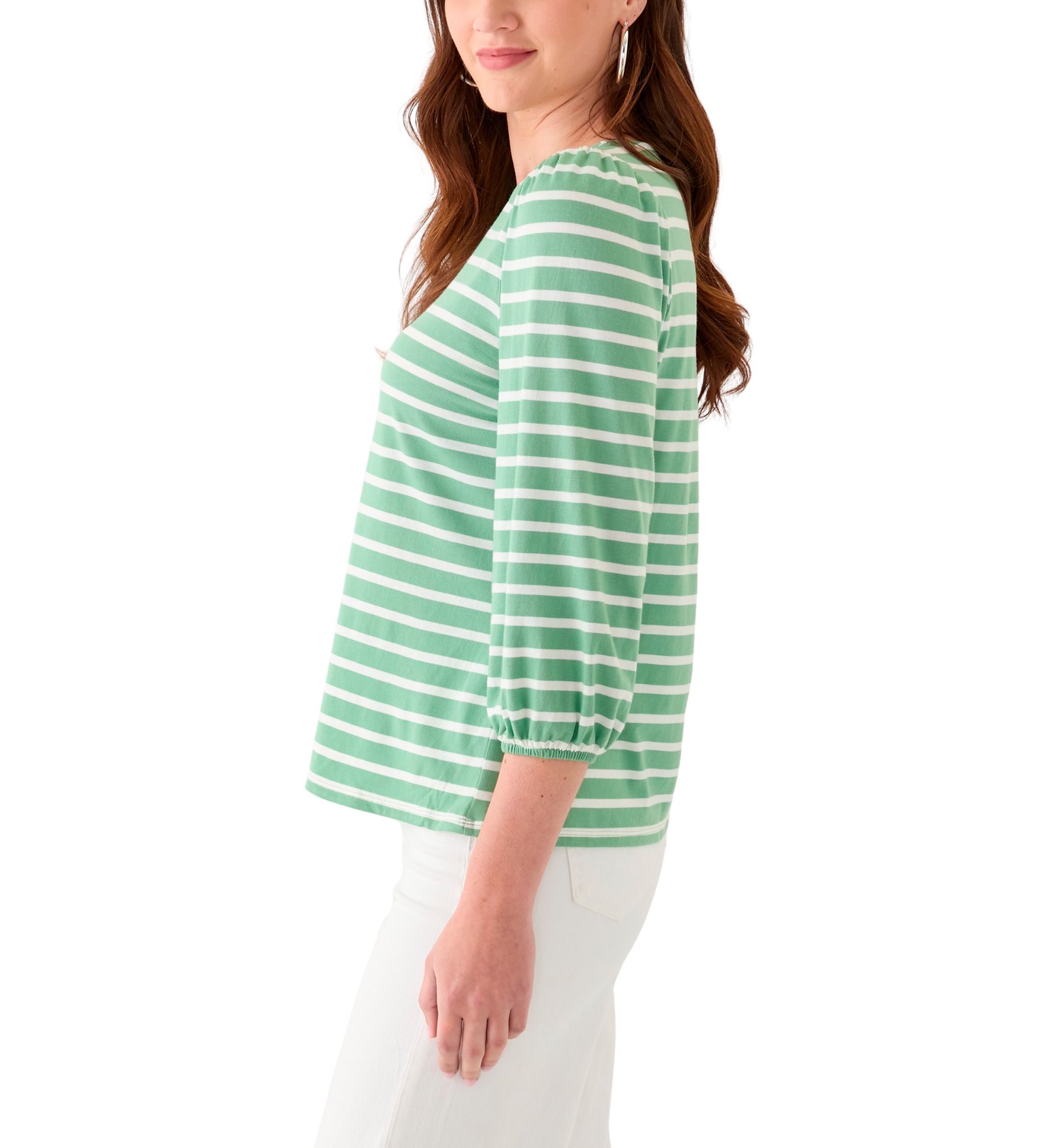 Womens 3/4 Puff Sleeve Yarn Dyed Top
