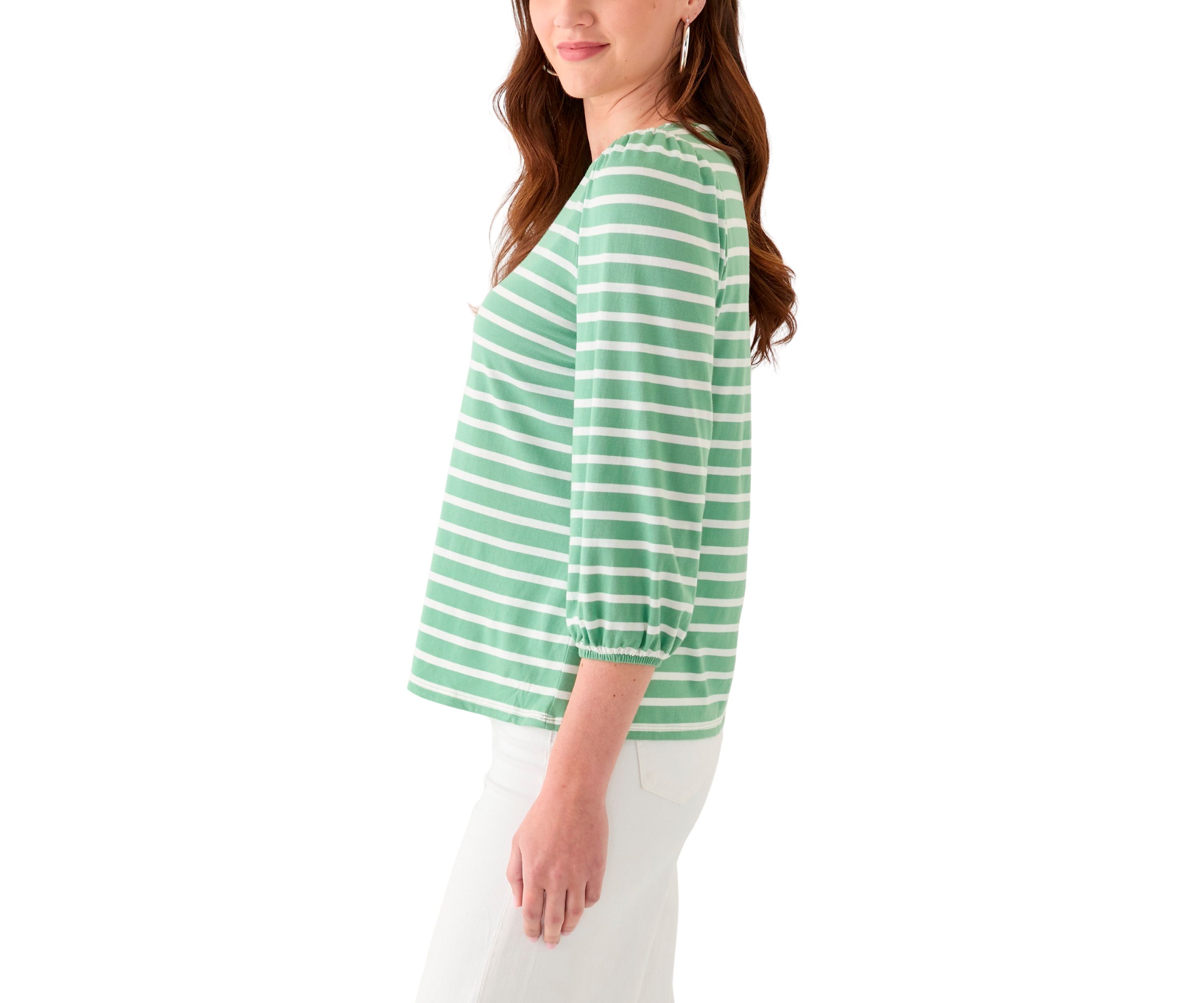 Womens 3/4 Puff Sleeve Yarn Dyed Top