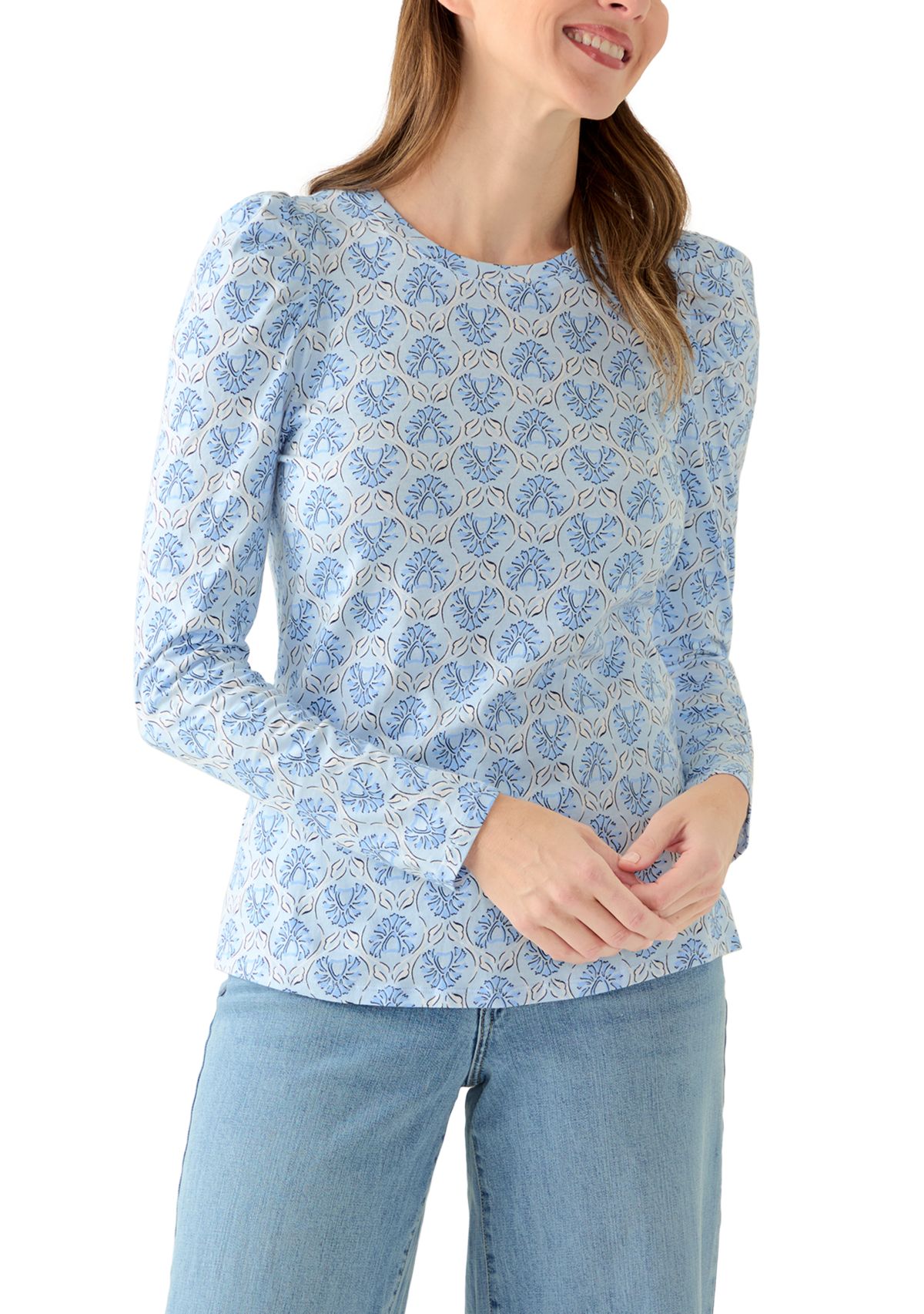 Womens Long Sleeve Pleated Shoulder Print T-Shirt