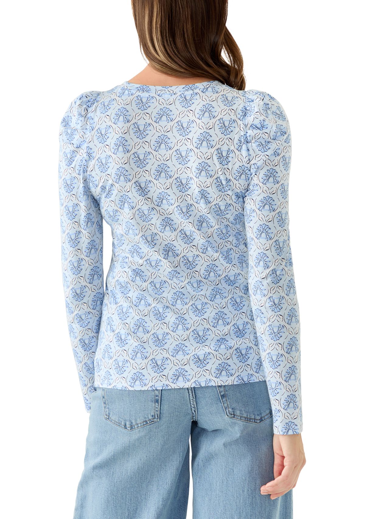 Womens Long Sleeve Pleated Shoulder Print T-Shirt
