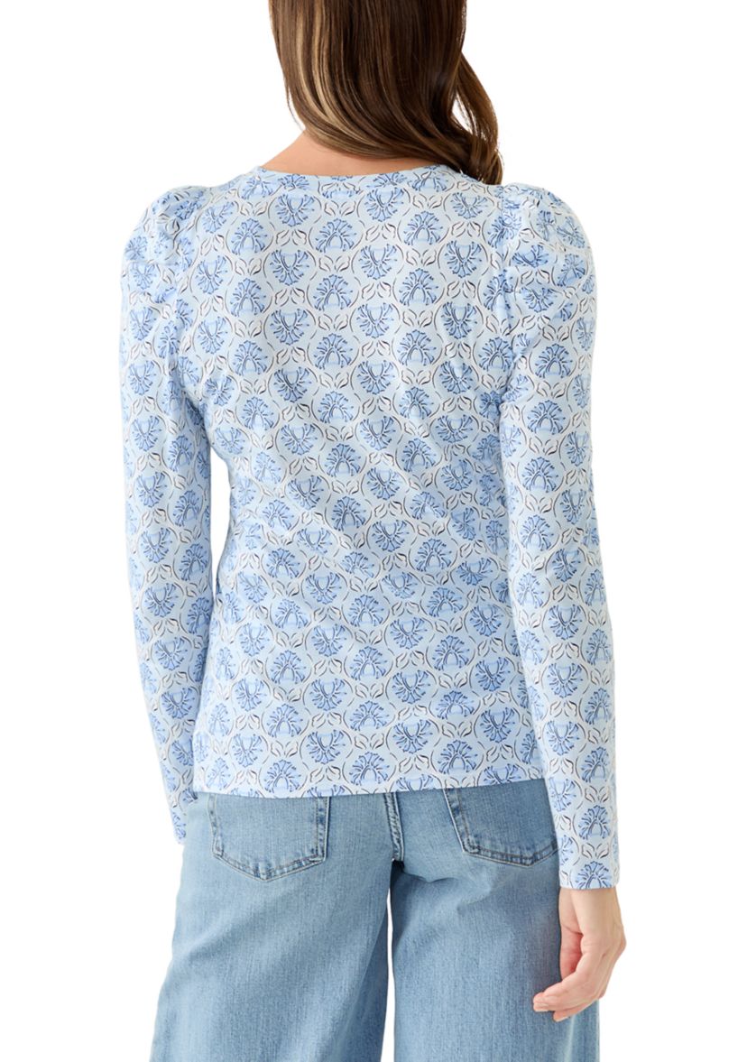 Womens Long Sleeve Pleated Shoulder Print T-Shirt