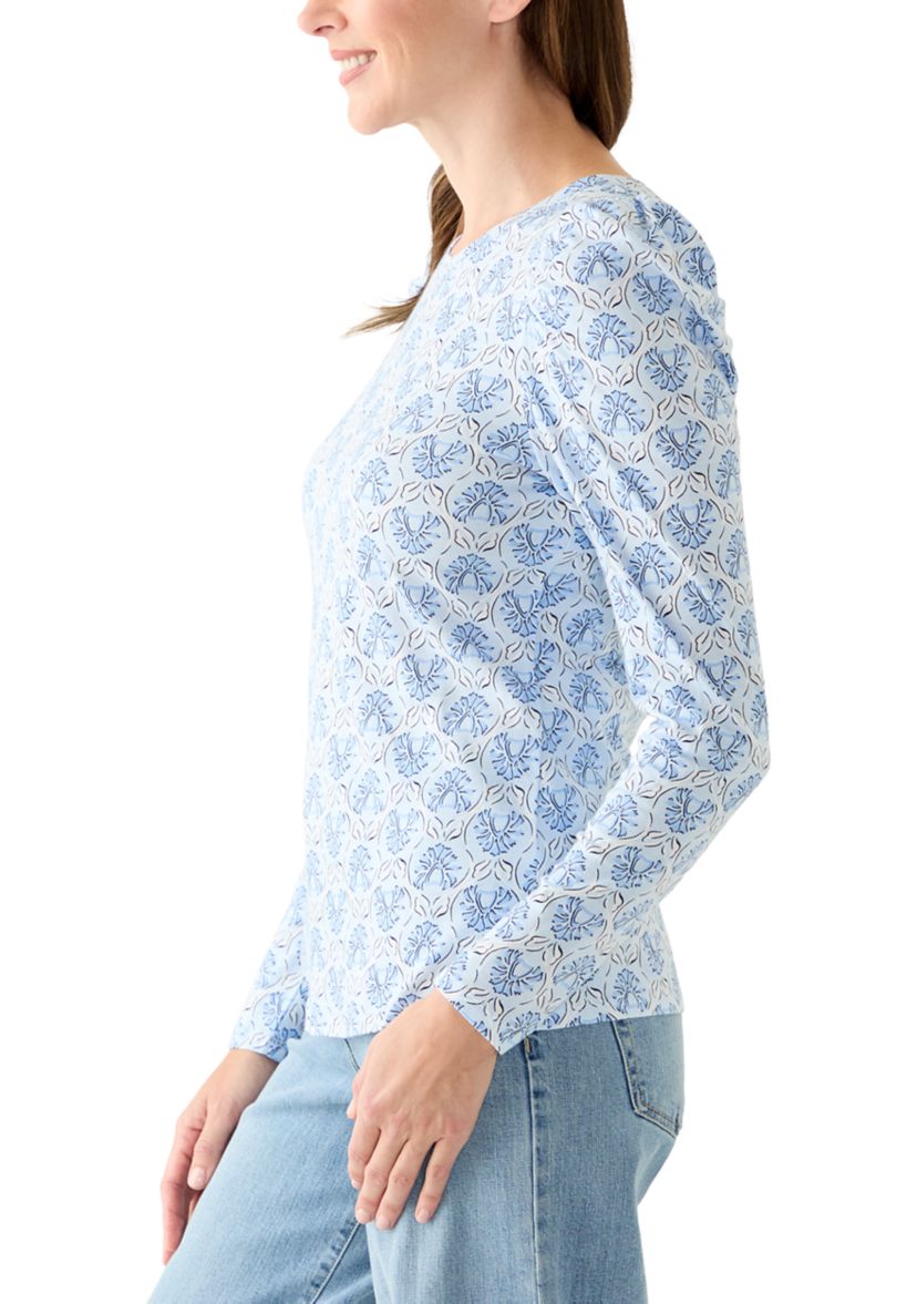 Womens Long Sleeve Pleated Shoulder Print T-Shirt