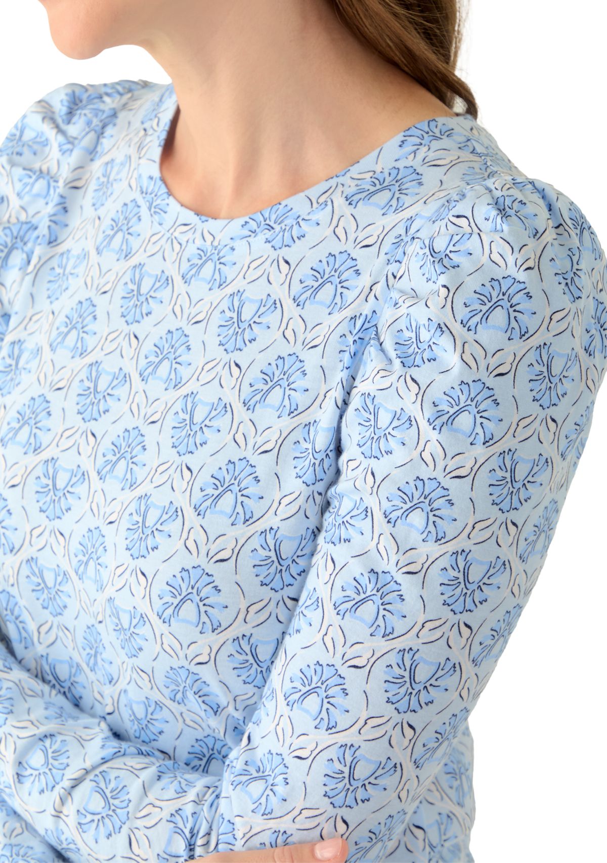 Womens Long Sleeve Pleated Shoulder Print T-Shirt