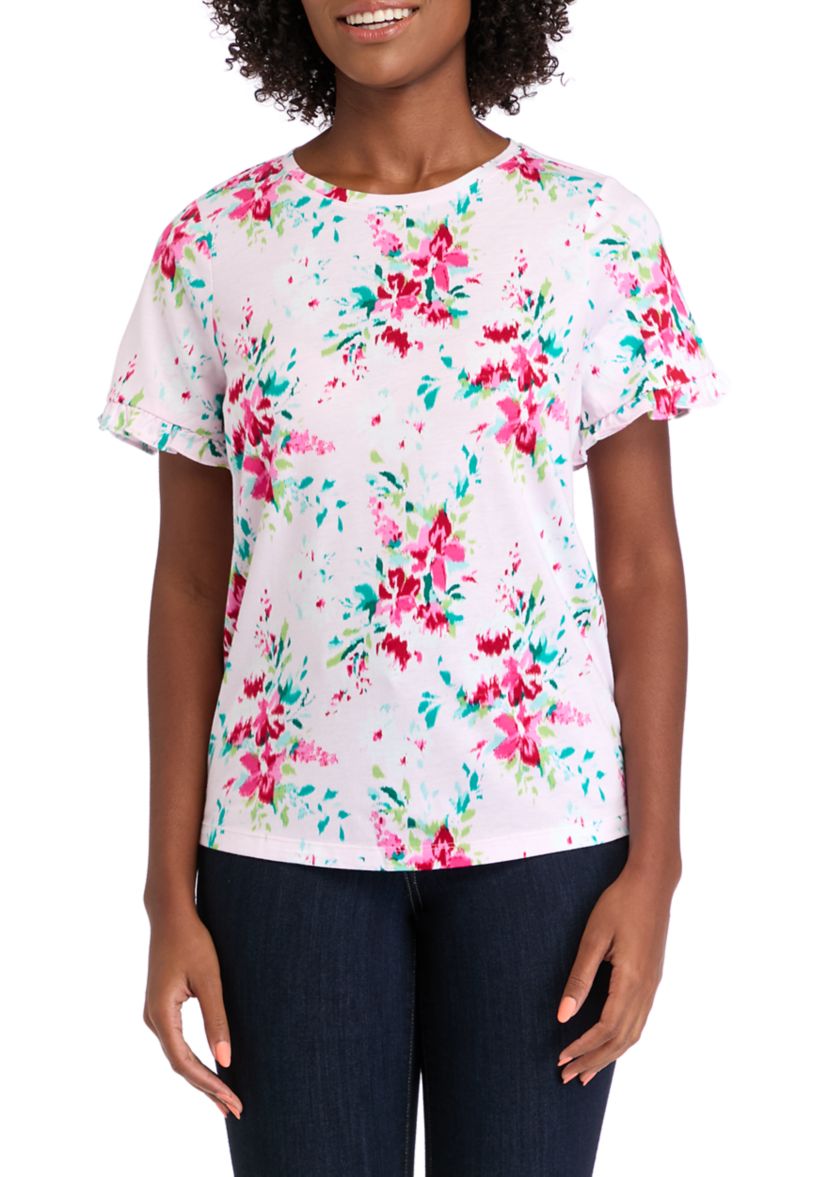 Womens Flutter Sleeve Printed T-Shirt 