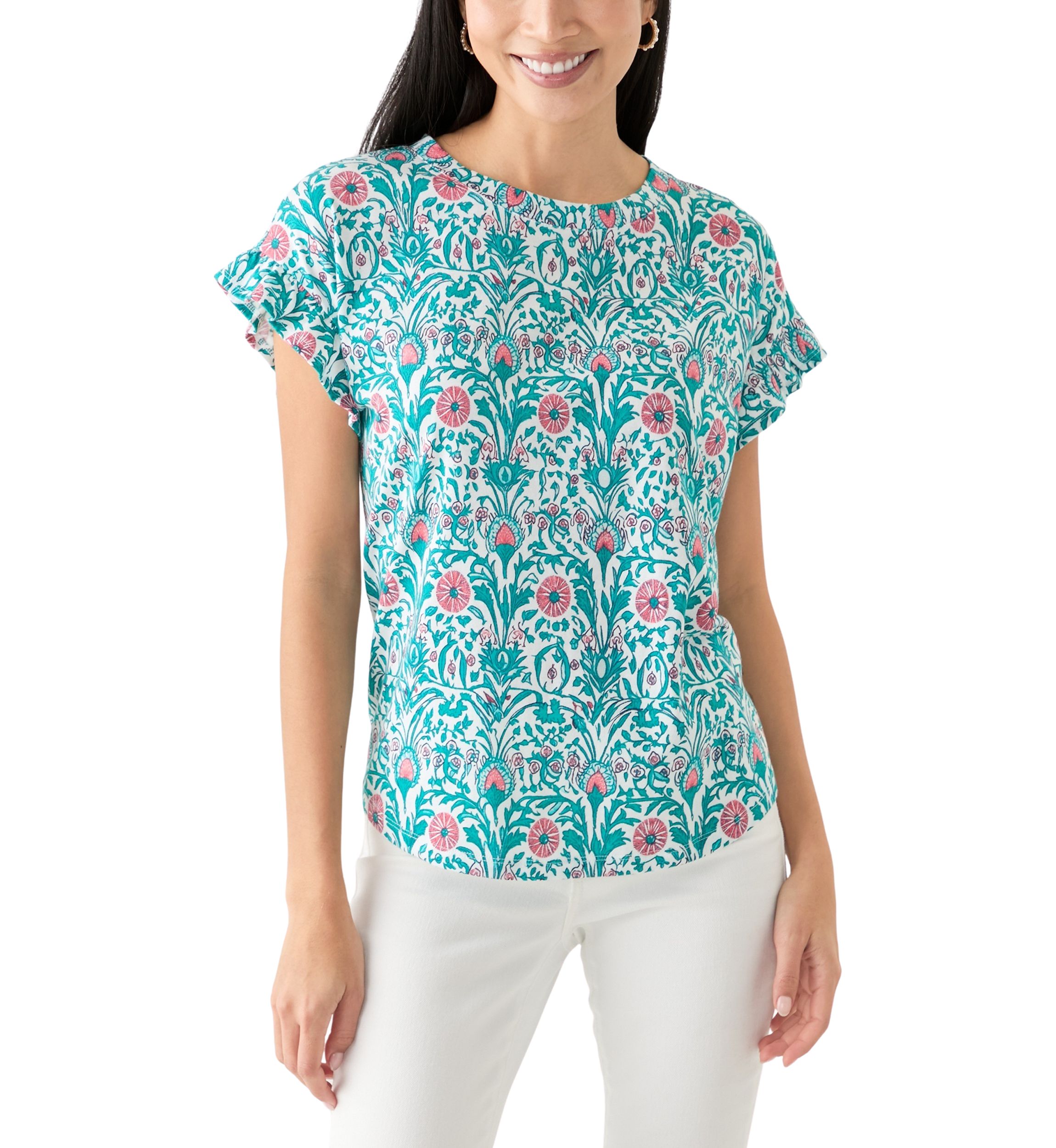 Womens Short Ruffle Sleeve Printed T-Shirt
